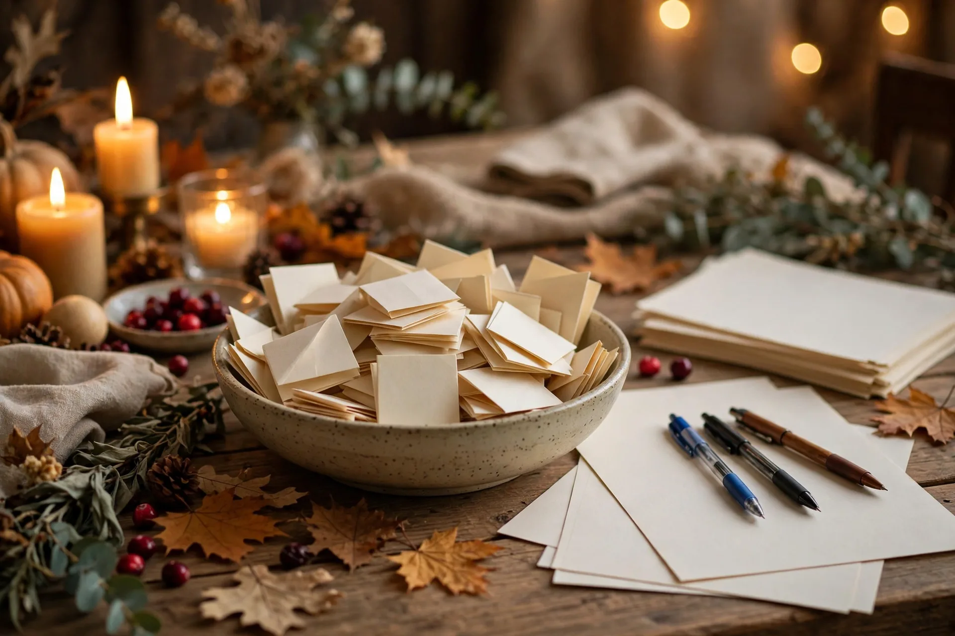 A bowl of folded thankful notes on a Thanksgiving table with pens and paper for guessing who wrote each one