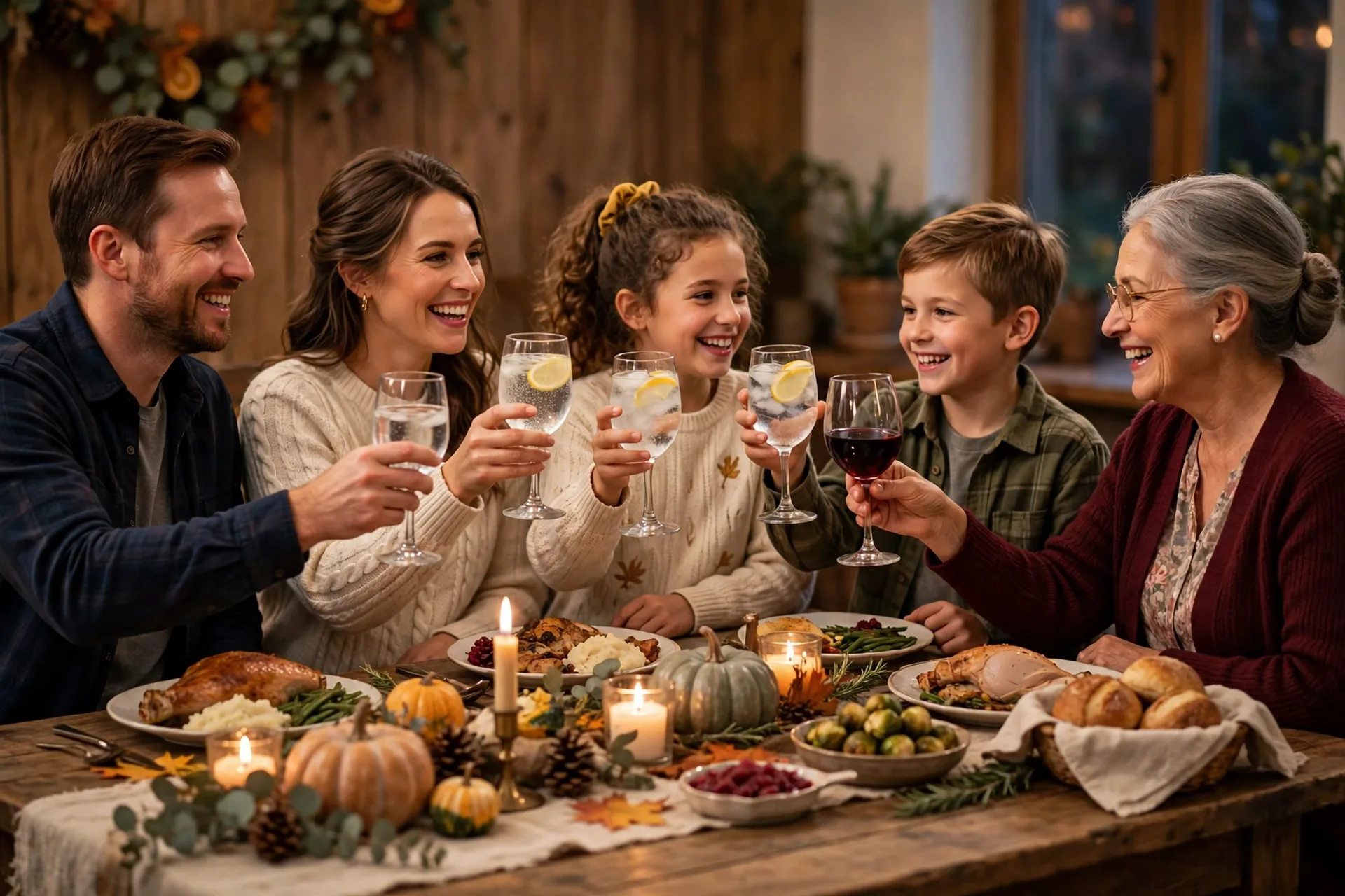 A family raising glasses for a two-word toast at the Thanksgiving dinner table