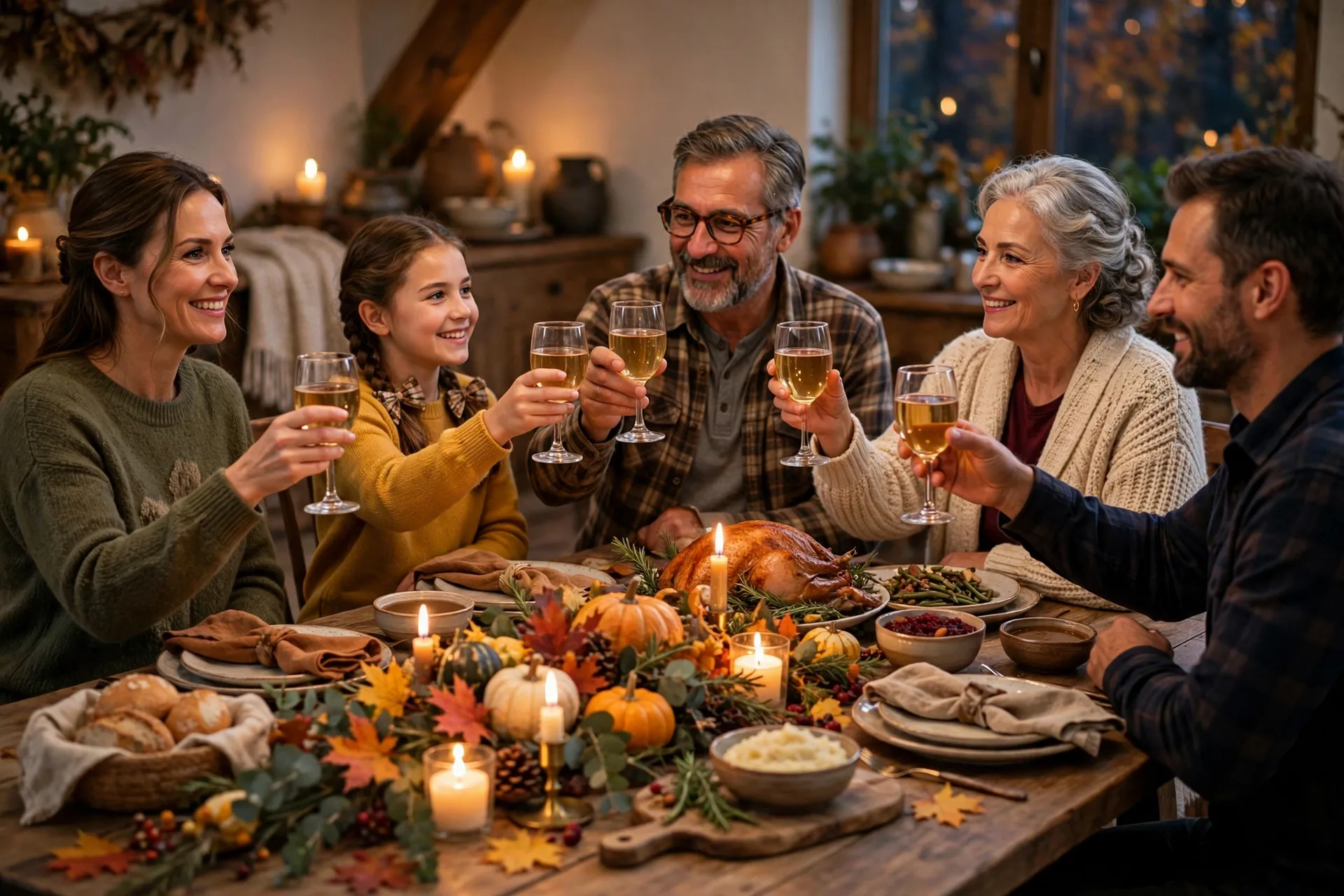 A family raising glasses in a gratitude toast relay around the Thanksgiving dinner table