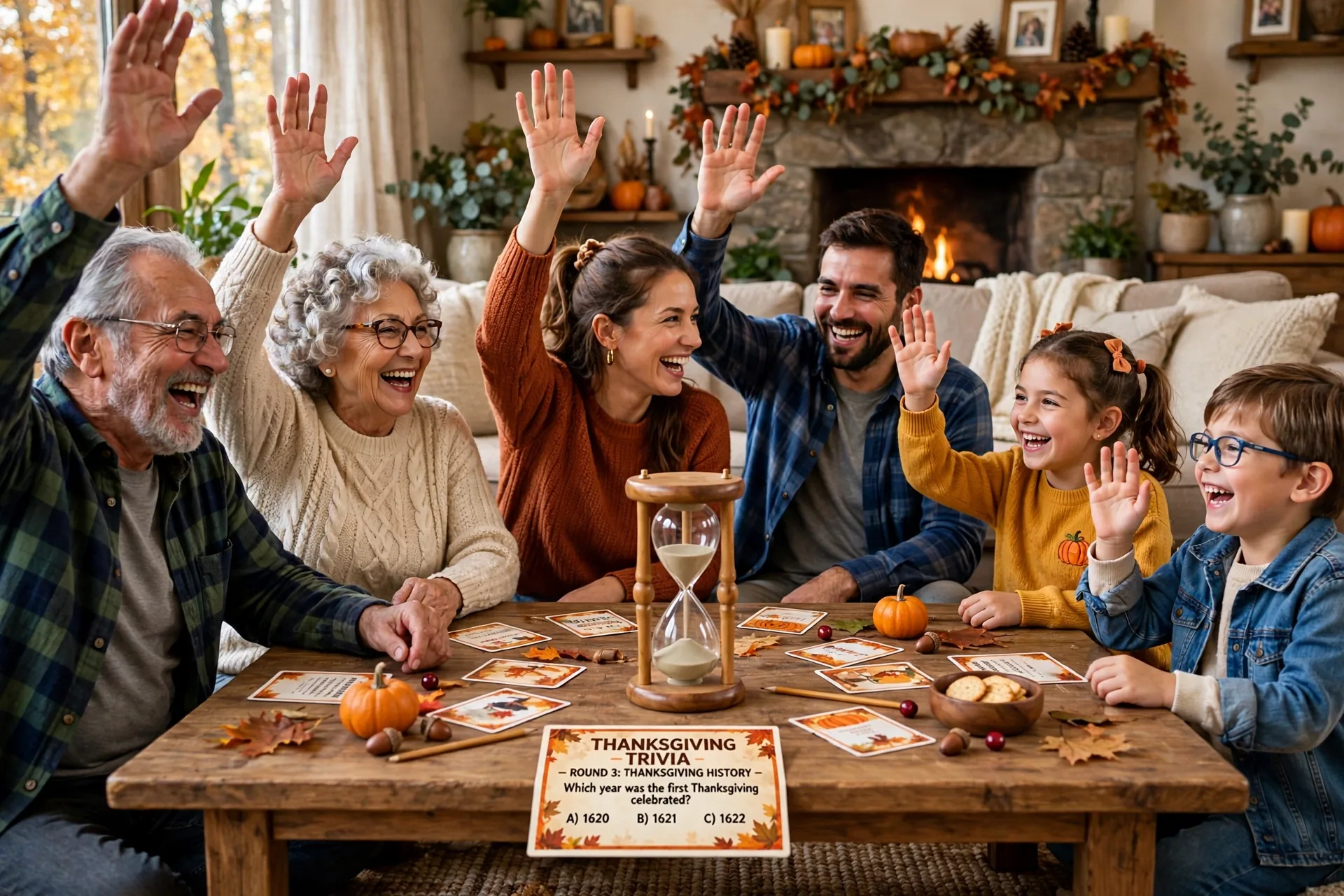 An extended family playing Thanksgiving trivia around a coffee table with a sand timer in the center, hands raised