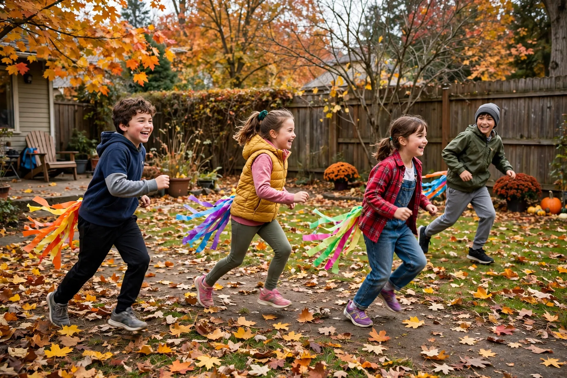 Kids playing turkey tag in a backyard, chasing each other with paper streamer tails tucked in waistbands