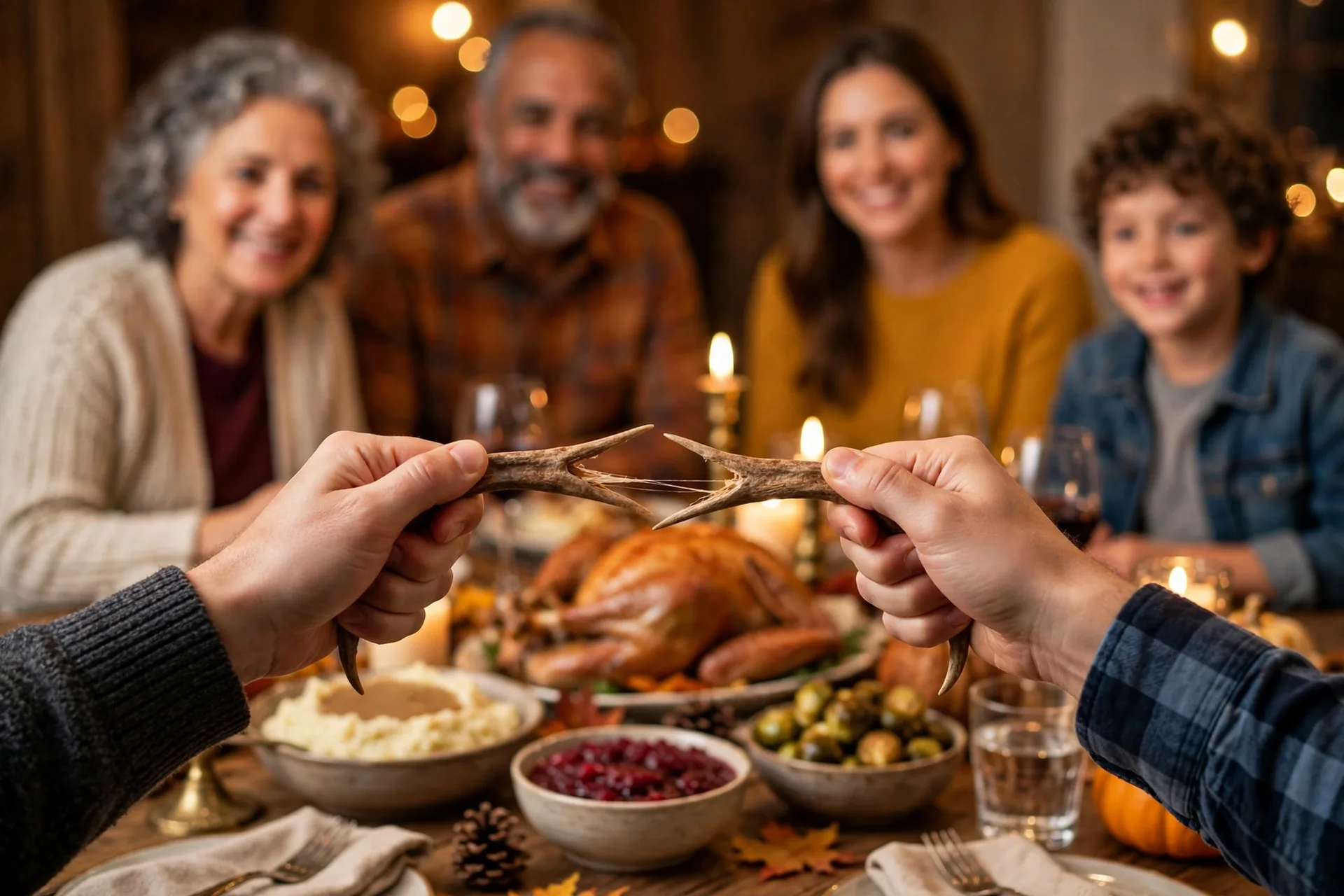 Two hands pulling apart a dried turkey wishbone while family watches at the Thanksgiving table
