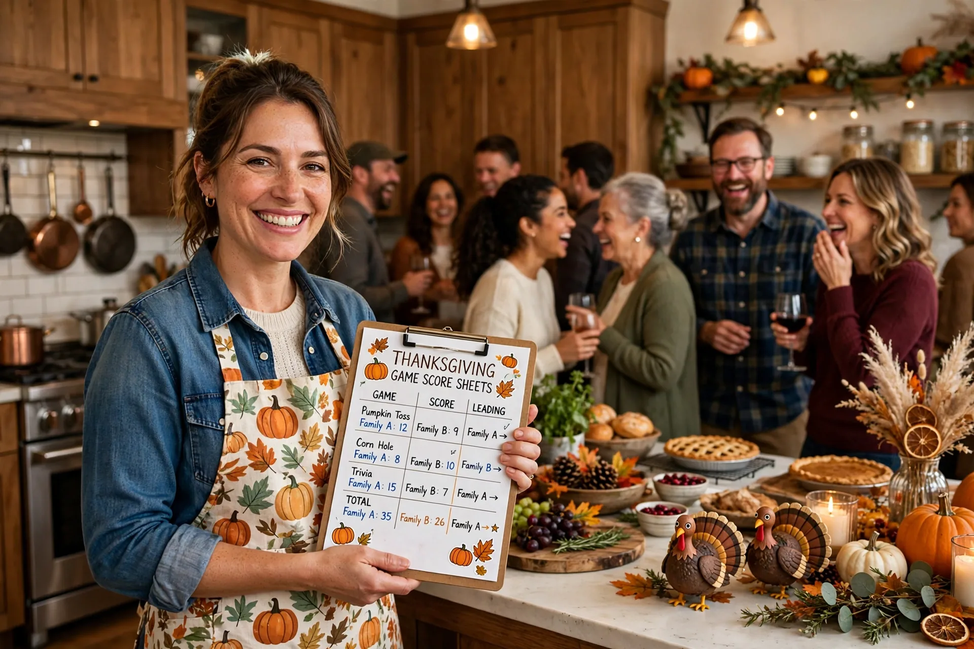 A cheerful mom holding a clipboard with Thanksgiving game score sheets in a busy kitchen while guests chat behind her