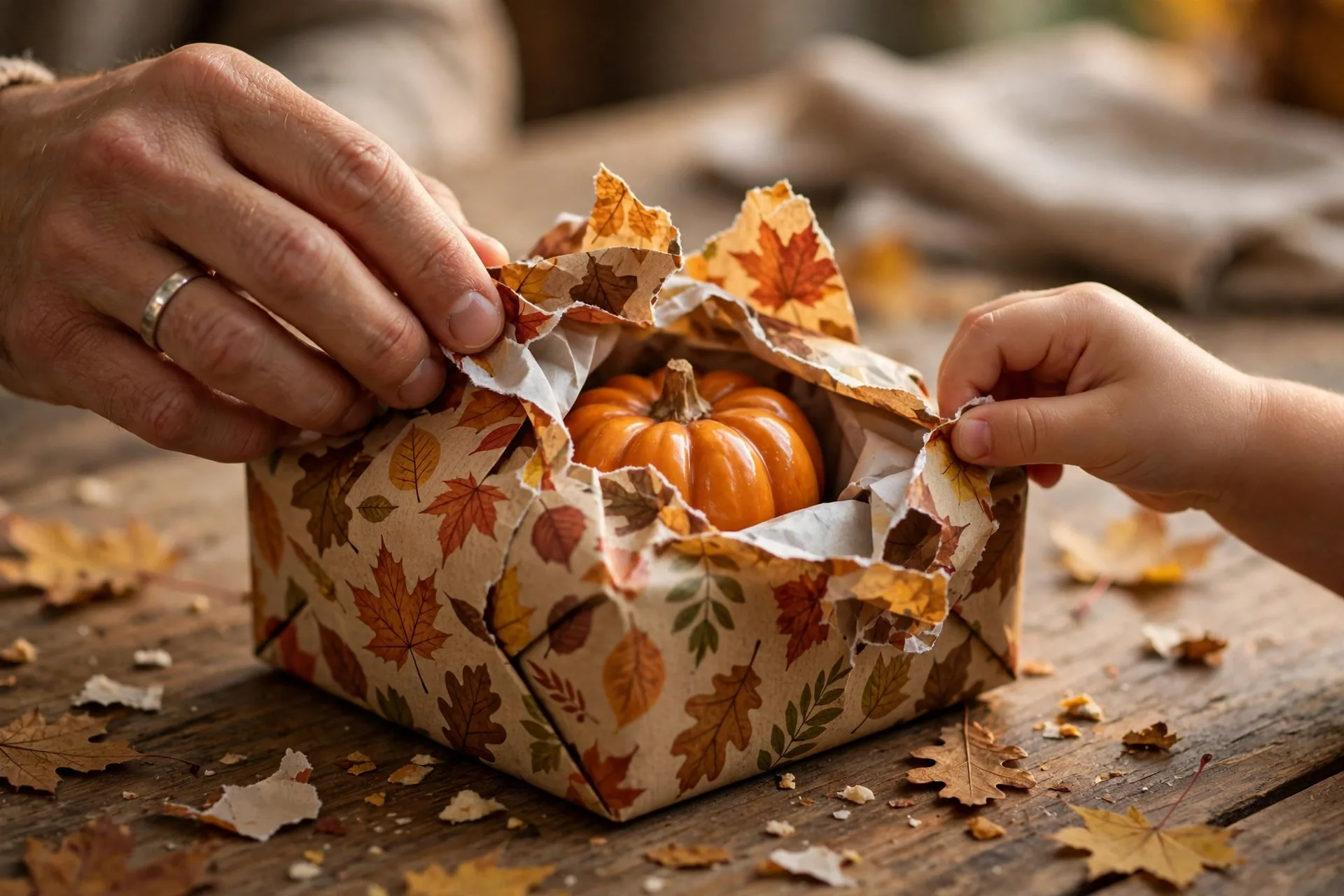 Mom and child unwrapping the final layer of a Thanksgiving prize parcel with a small pumpkin prize inside