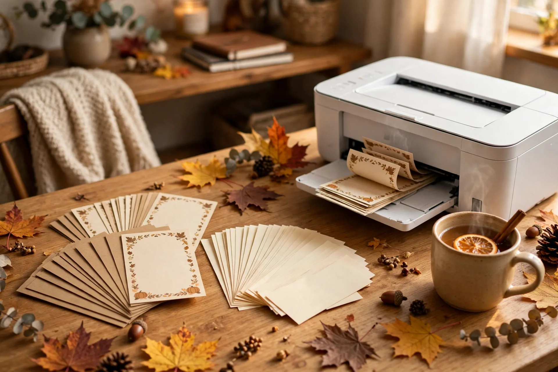 Home printer printing Thanksgiving trivia slips and fall cards on a wooden table with a cup of cider