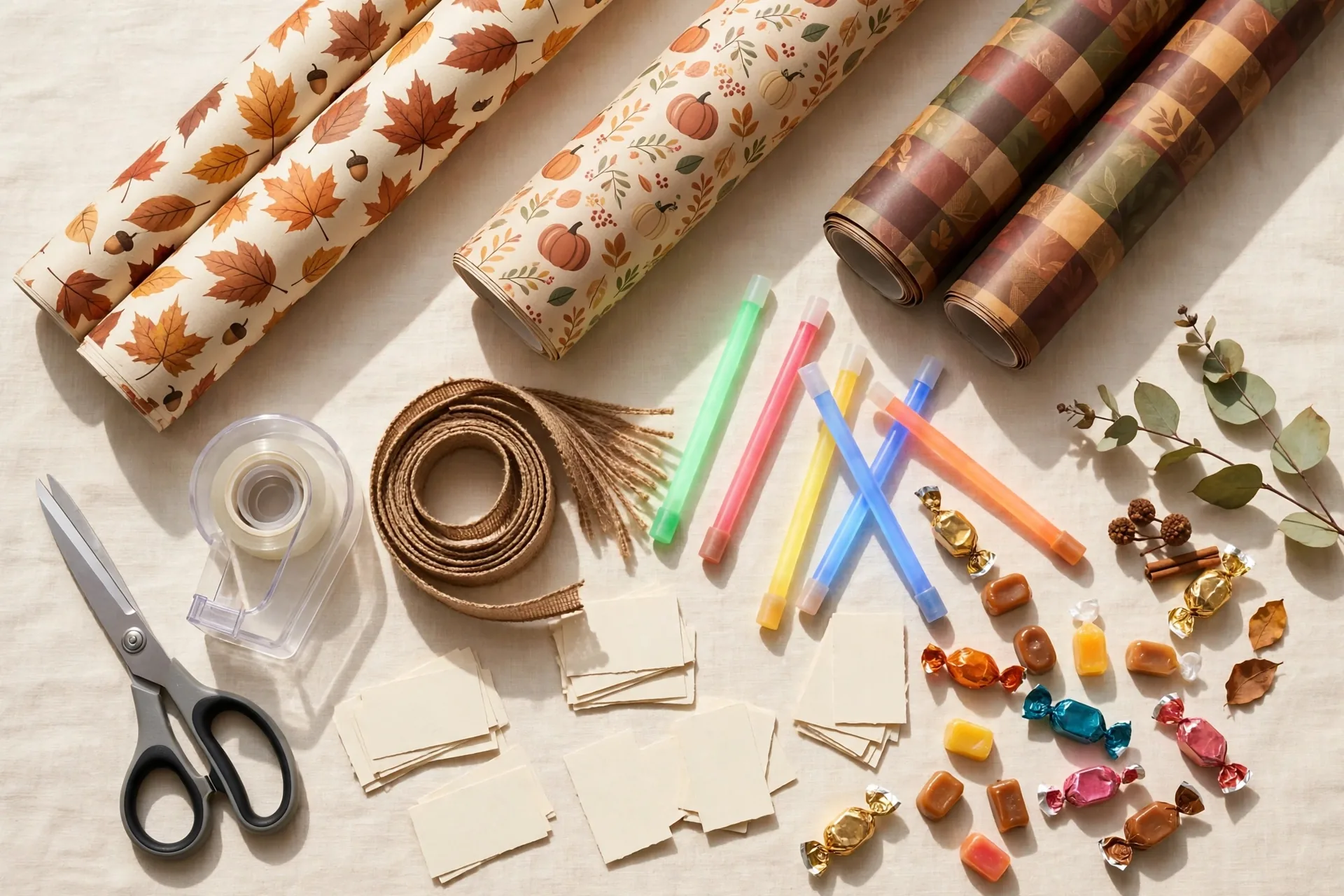 Flat lay of wrapping supplies for a Thanksgiving prize game: autumn wrapping paper rolls, tape, scissors, glow sticks, and candy