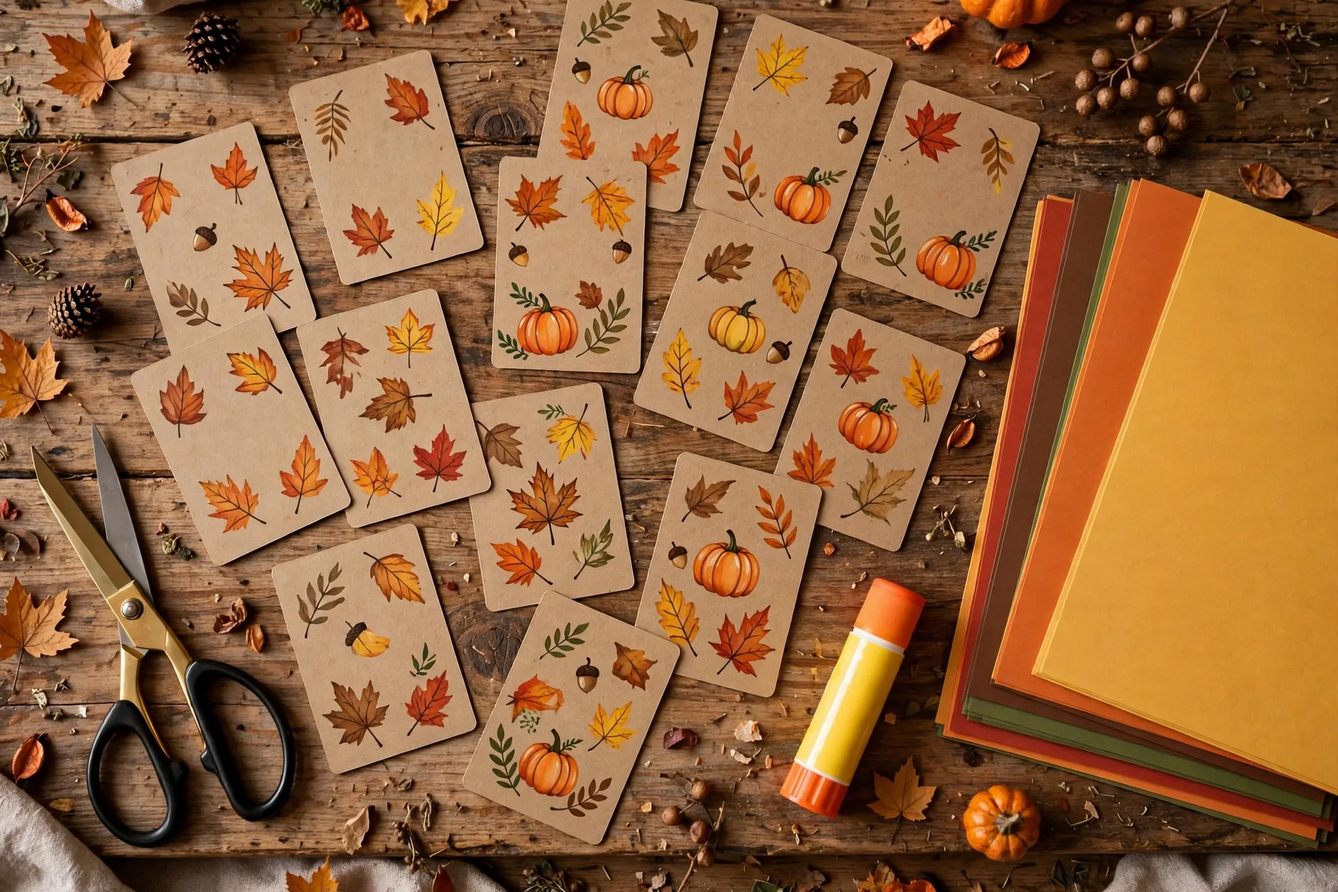 Top-down flat lay of homemade Thanksgiving Taboo cards with autumn doodles, scissors, and construction paper