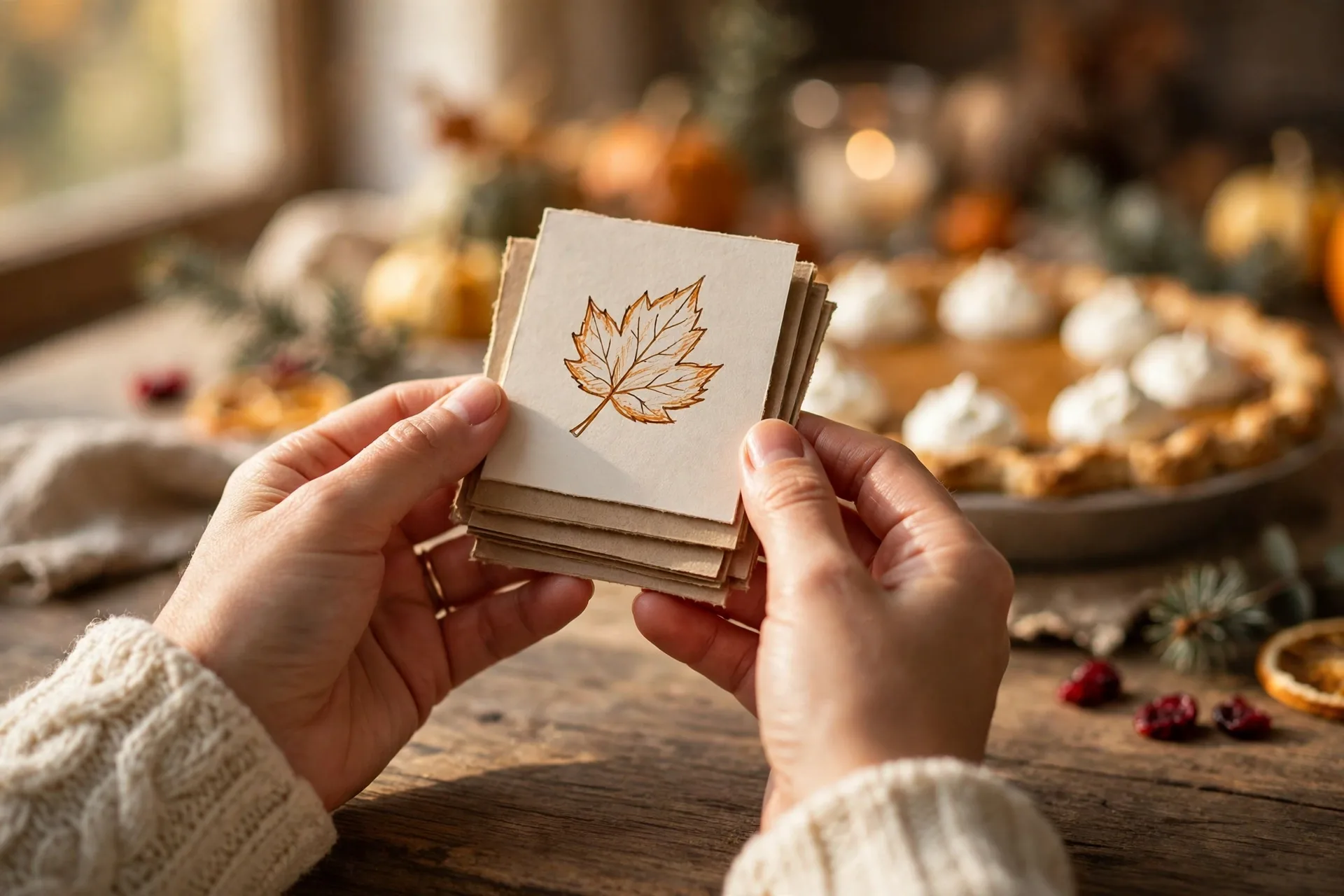 Mom holding handmade Thanksgiving Taboo game cards with a leaf doodle at the dinner table