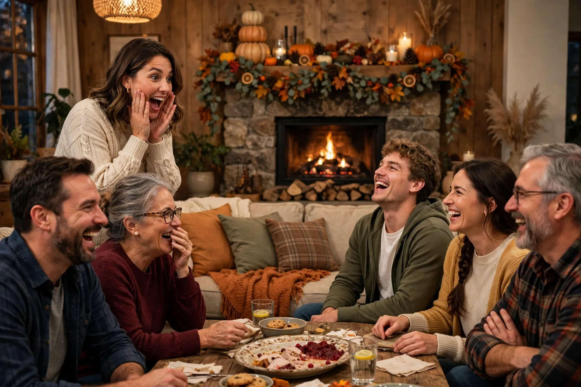 Two teams of family members facing off in a Thanksgiving word-guessing game in the living room