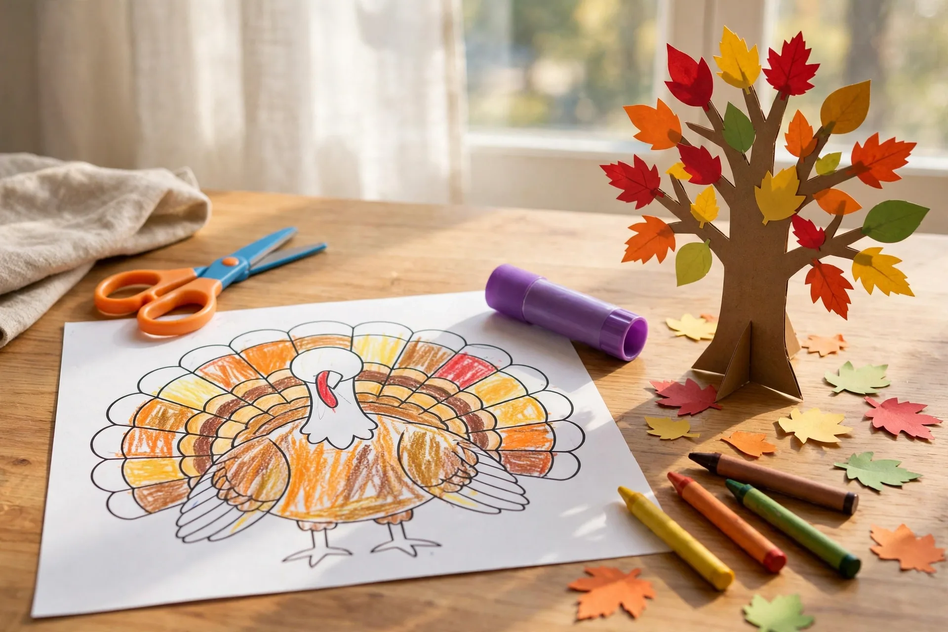 Kids Thanksgiving craft worksheets: a coloring page, scissors, glue stick, and a paper thankful tree on a table