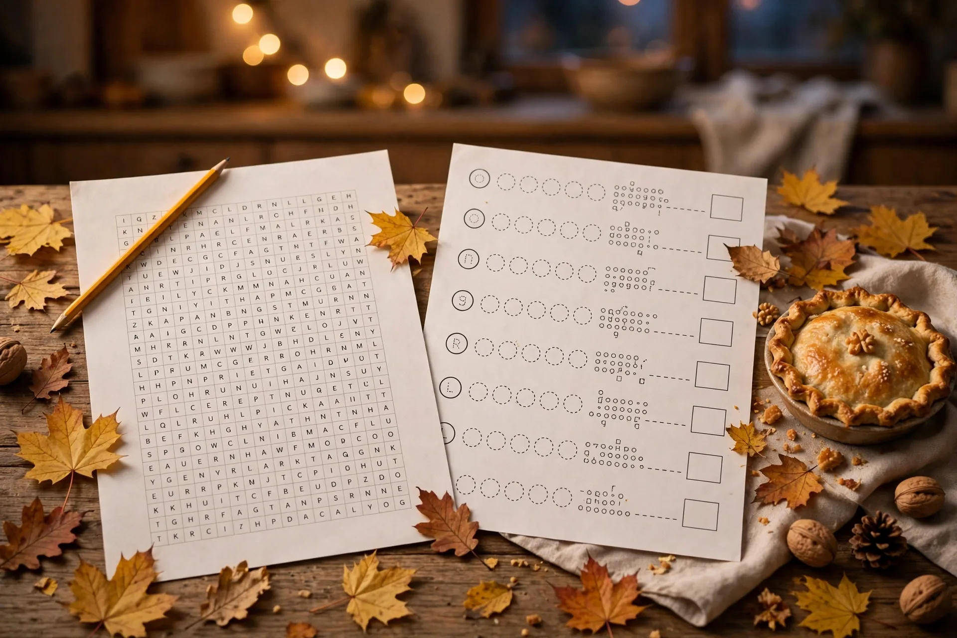 Thanksgiving word search and word scramble worksheets with a pencil, autumn leaves, and a small pie