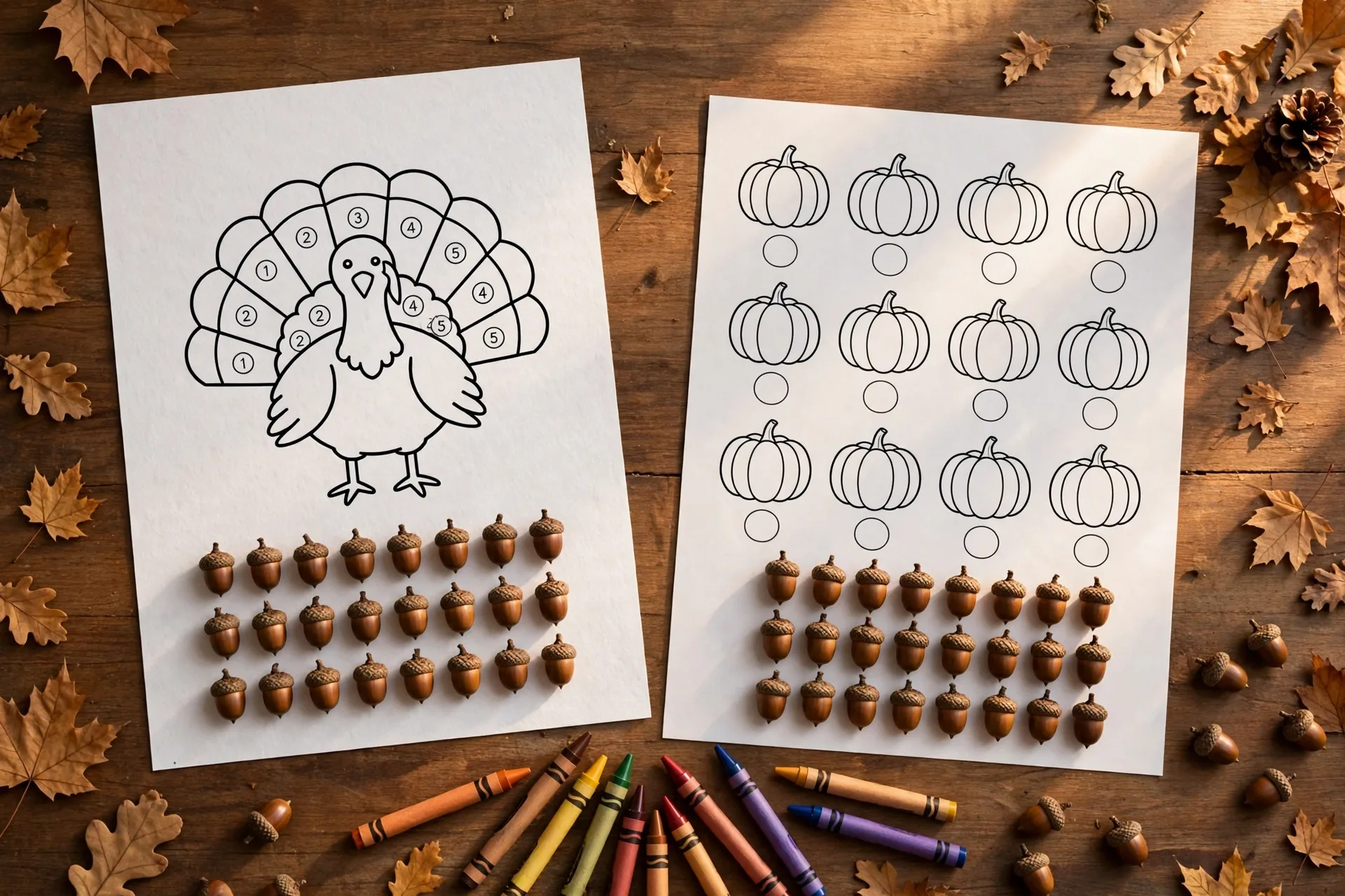 Thanksgiving math worksheets: color-by-number turkey, counting pumpkins, and acorn counters with crayons