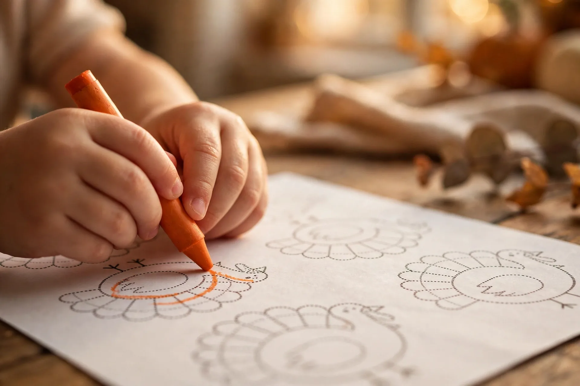 Child's hands tracing dotted-line Thanksgiving turkey shapes on a printed worksheet with a chunky crayon