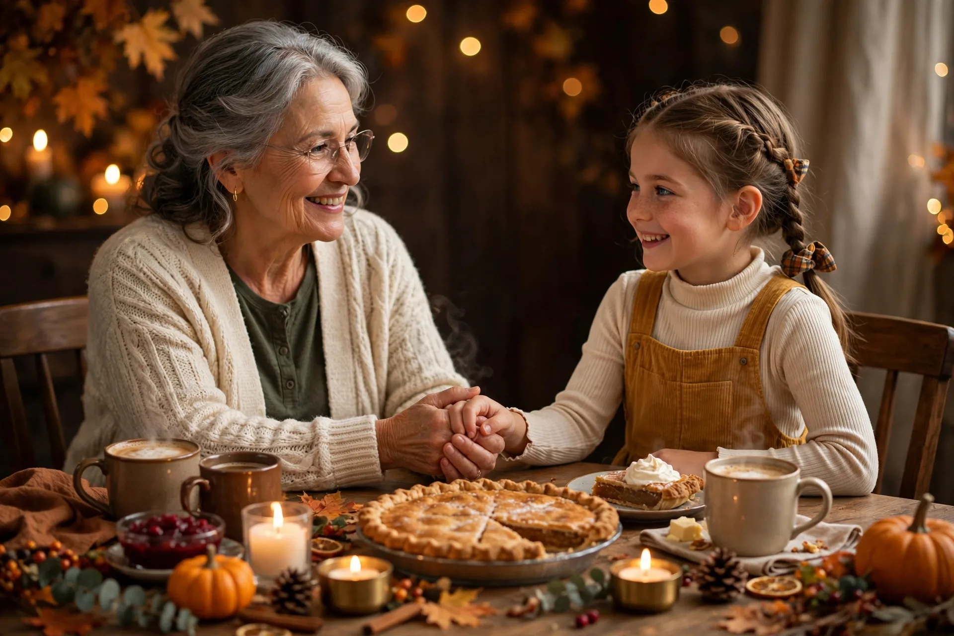 Grandmother and granddaughter holding hands over pie at a candlelit Thanksgiving table