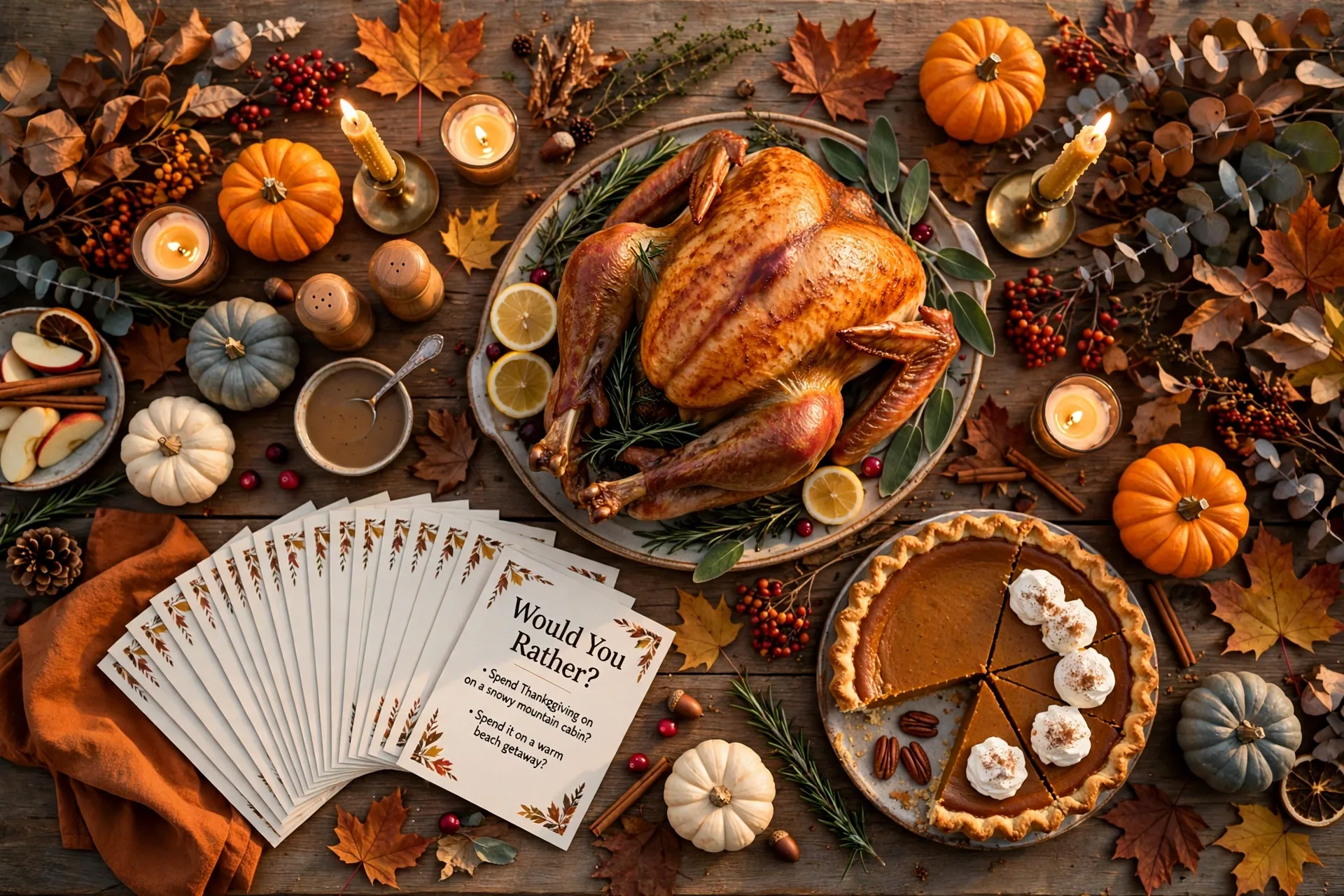 Overhead Thanksgiving spread with roast turkey, pumpkin pie, and fanned Would You Rather question cards