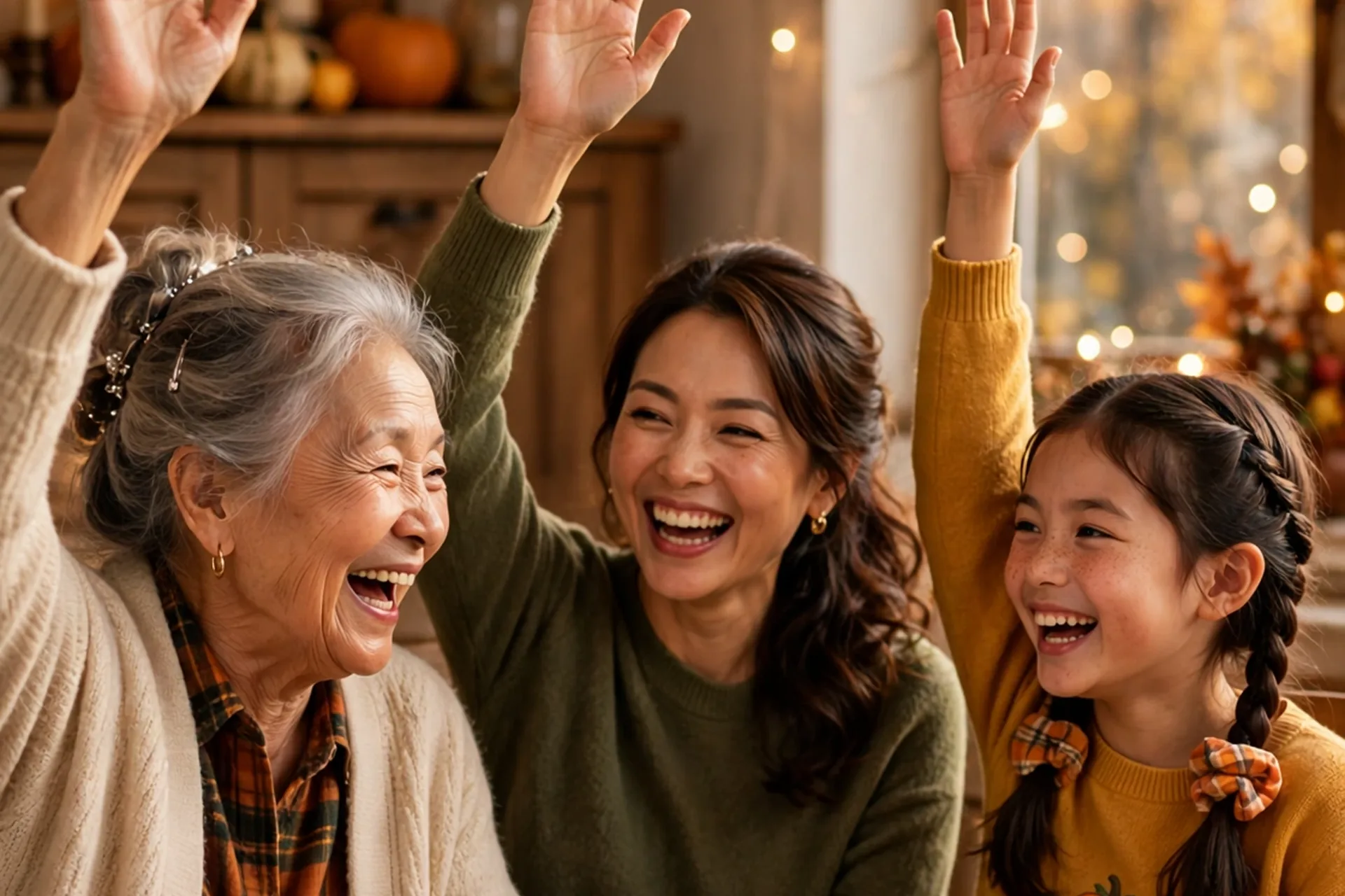 Three generations laughing with hands raised while voting in a Thanksgiving would you rather round