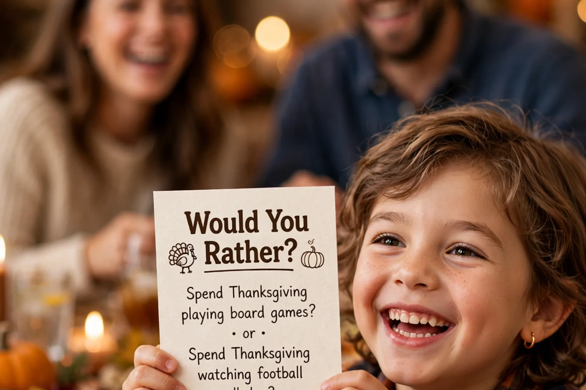 Child holding a Would You Rather question card at a Thanksgiving dinner table while the family laughs