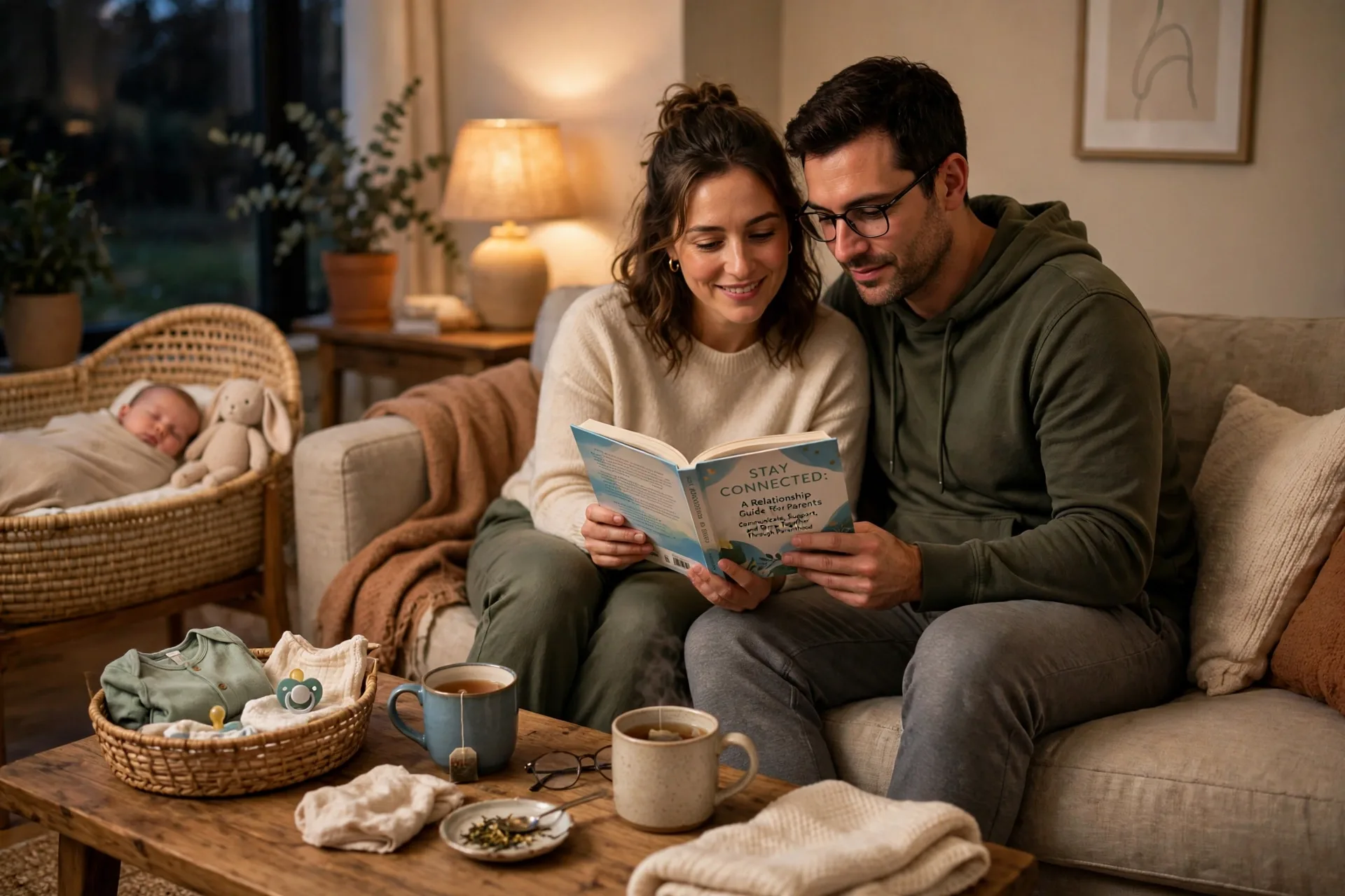 New parents reading a relationship book together on a couch after the baby is asleep, two mugs of tea on the table