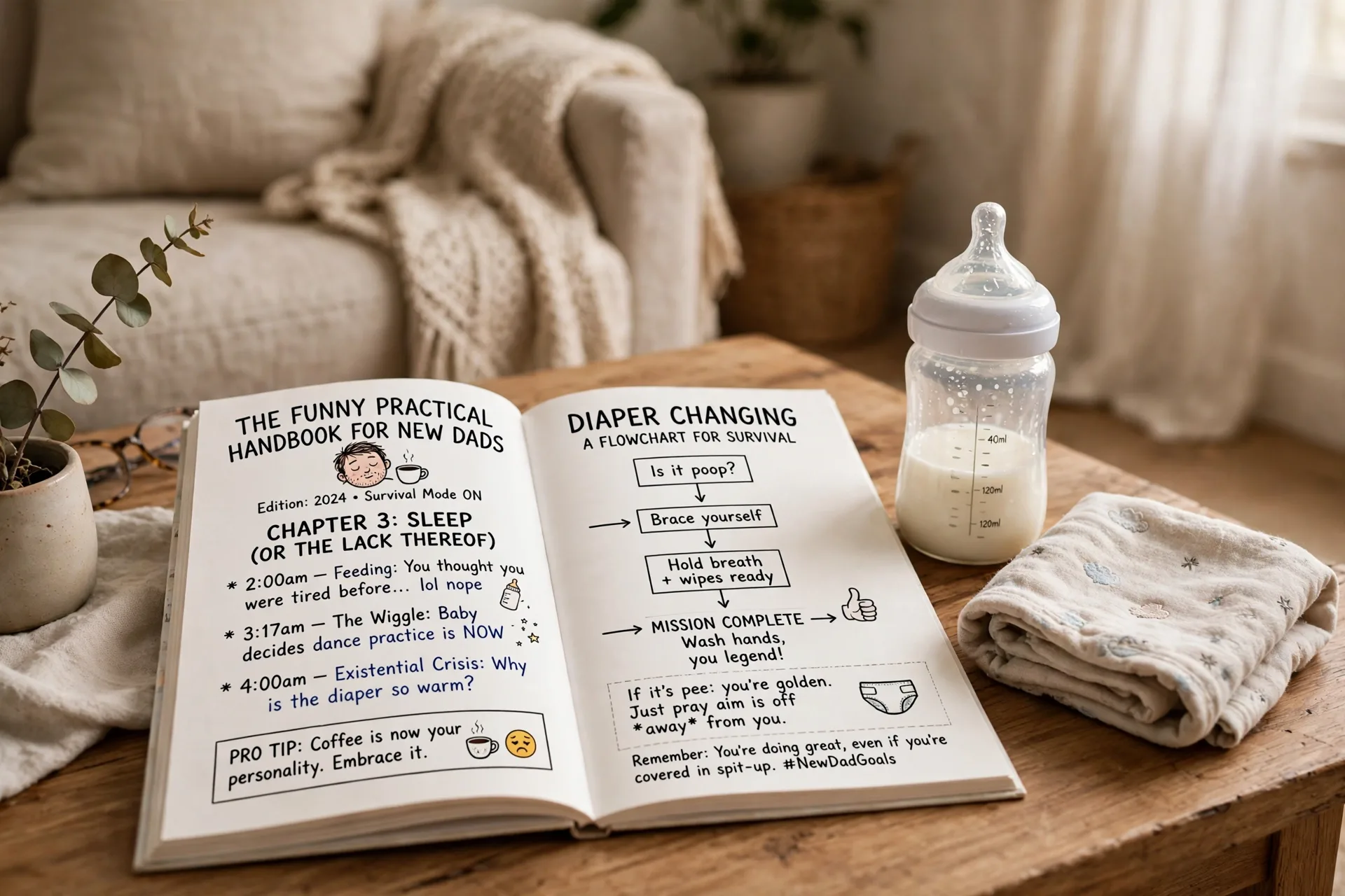Funny practical handbook for new dads open on a coffee table next to a baby bottle