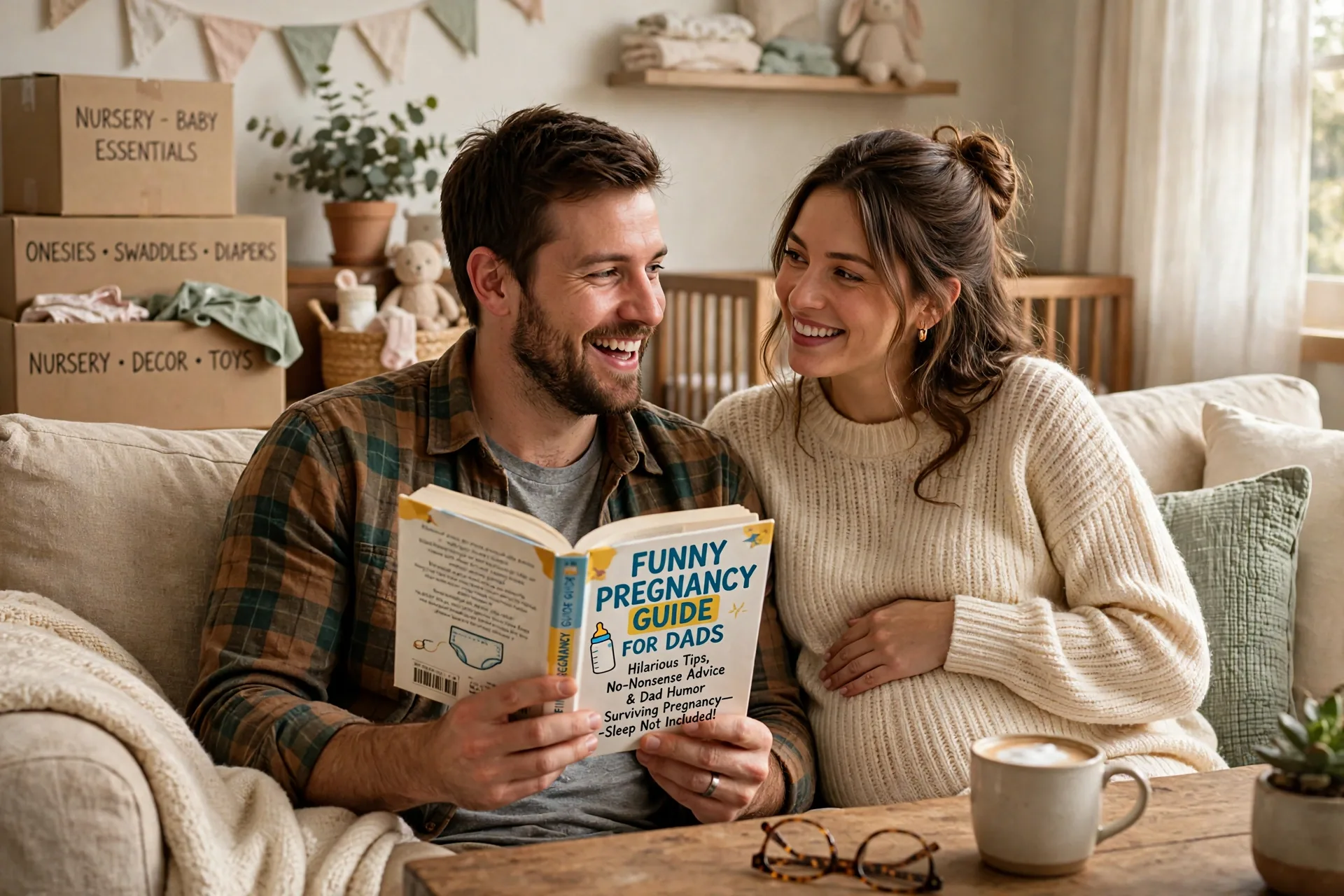 Expectant father reading a funny pregnancy guide for dads on a couch with his partner beside him