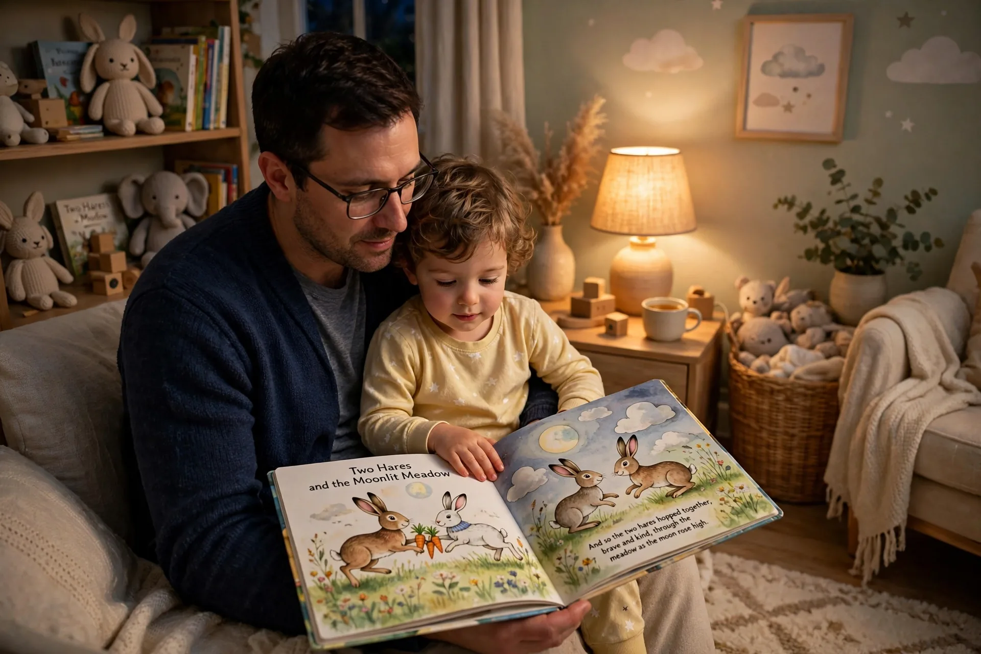 Father reading a bedtime picture book about two hares to a toddler in warm lamplight