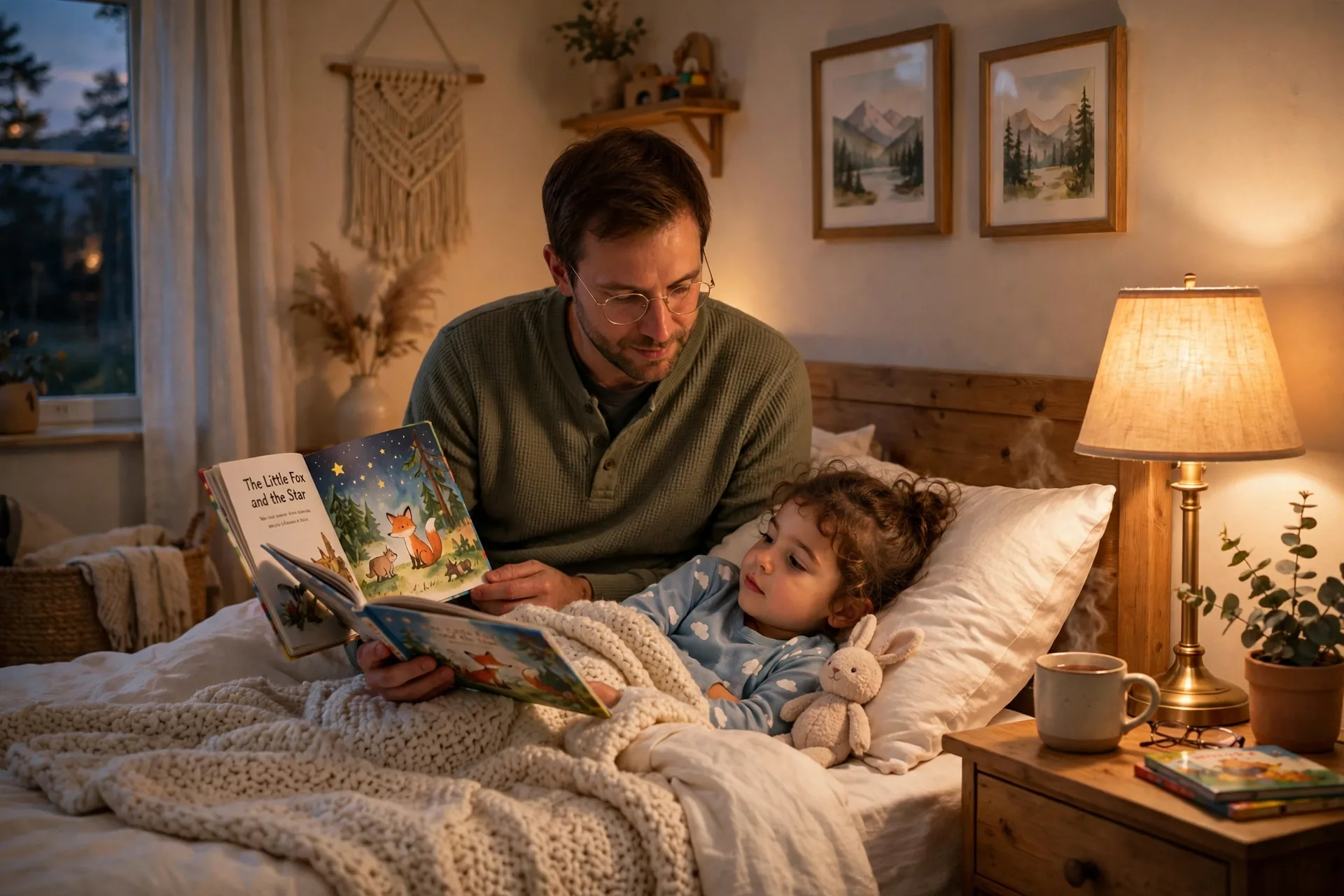Father reading a beloved picture book to a small child tucked in bed in soft evening light