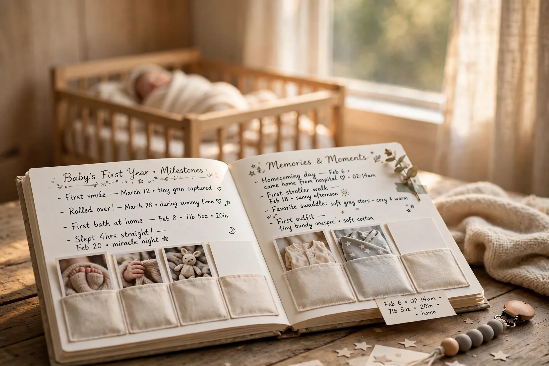 An open baby's first-year memory book with photo pockets and milestone notes on a table