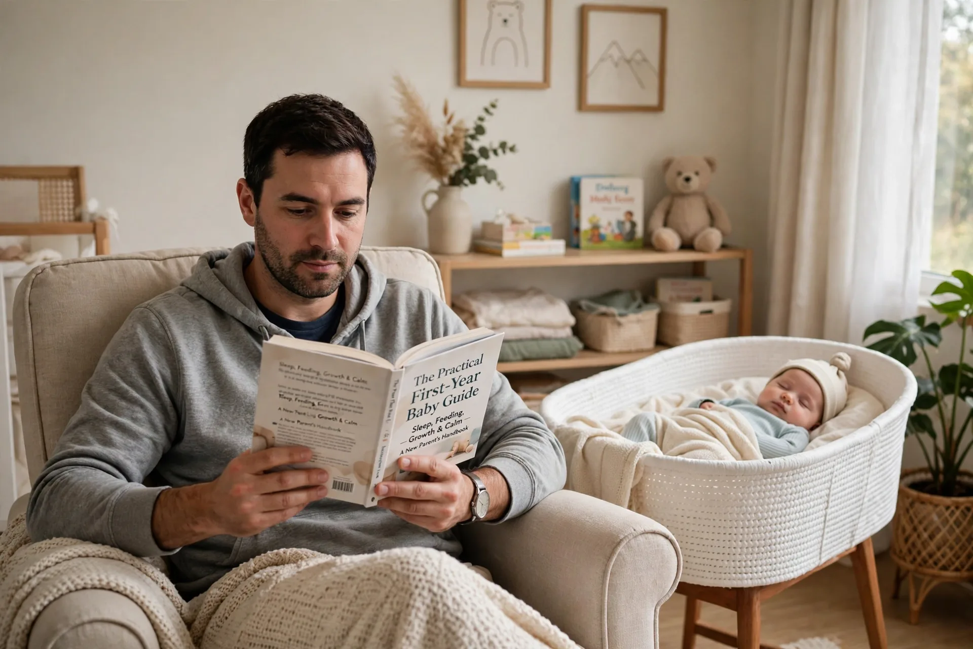 New father reading a practical first-year baby guide in a nursery armchair while the baby naps nearby