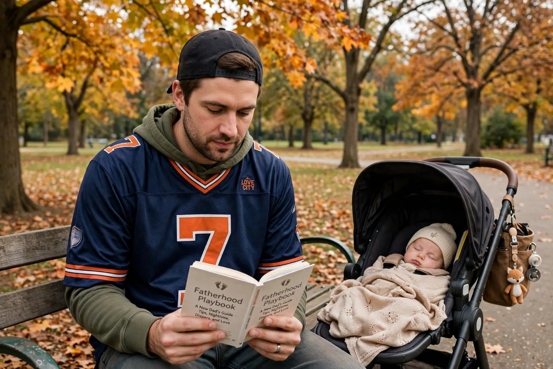 New dad reading a fatherhood playbook in a park while the baby sleeps in a stroller nearby