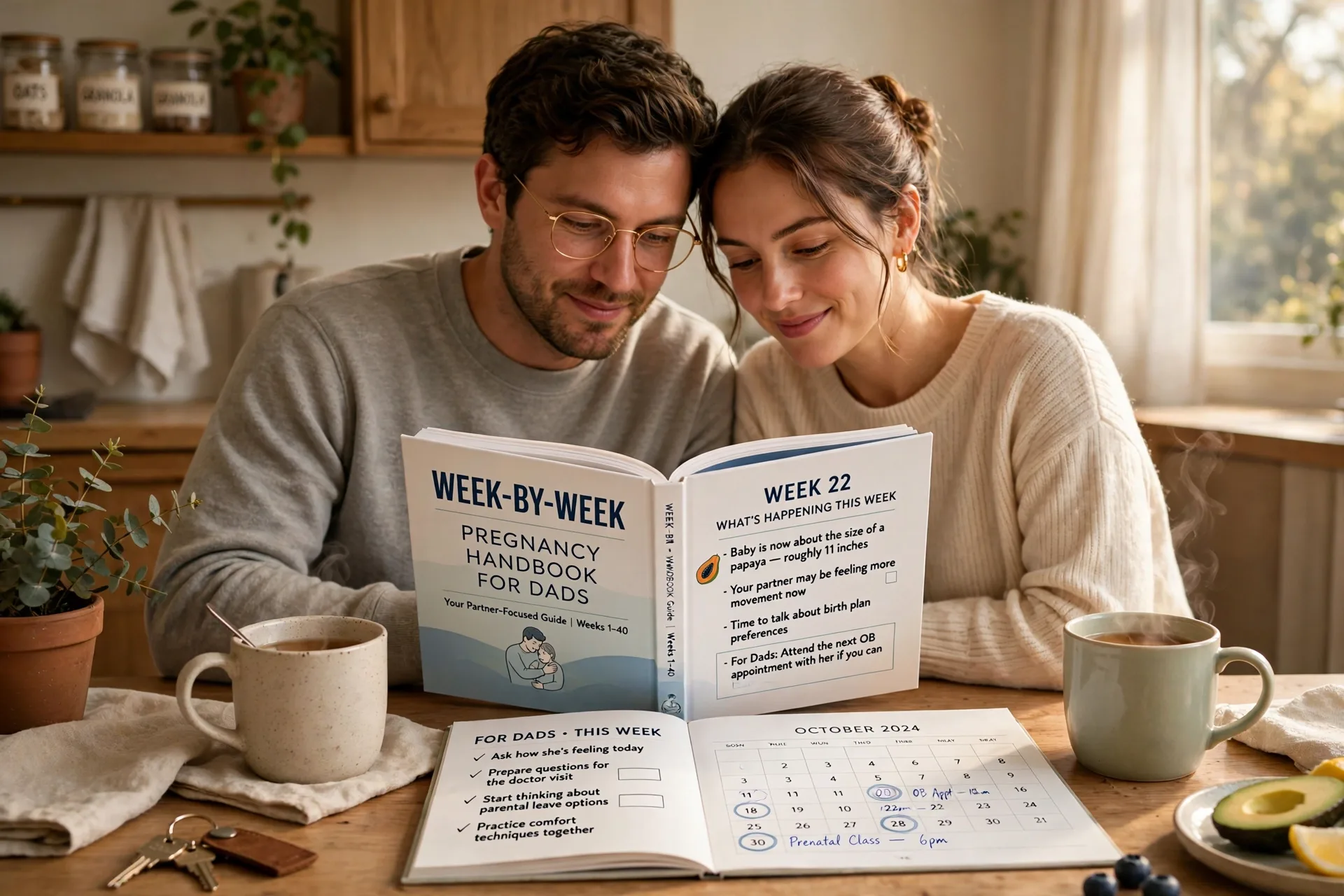 Couple reading a week-by-week pregnancy handbook for dads together at a kitchen table with a calendar