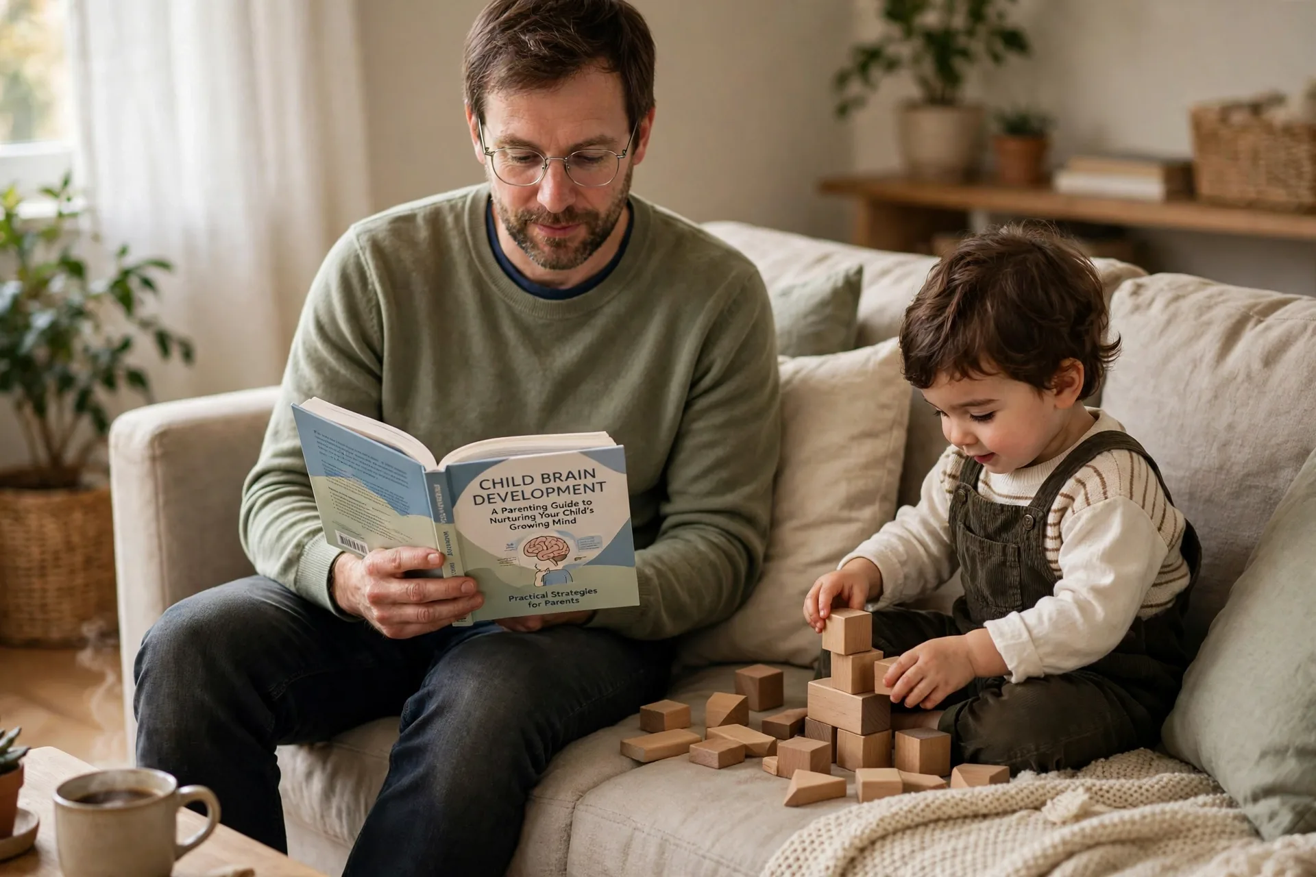 Father reading a child brain development parenting book with a toddler playing with wooden blocks beside him