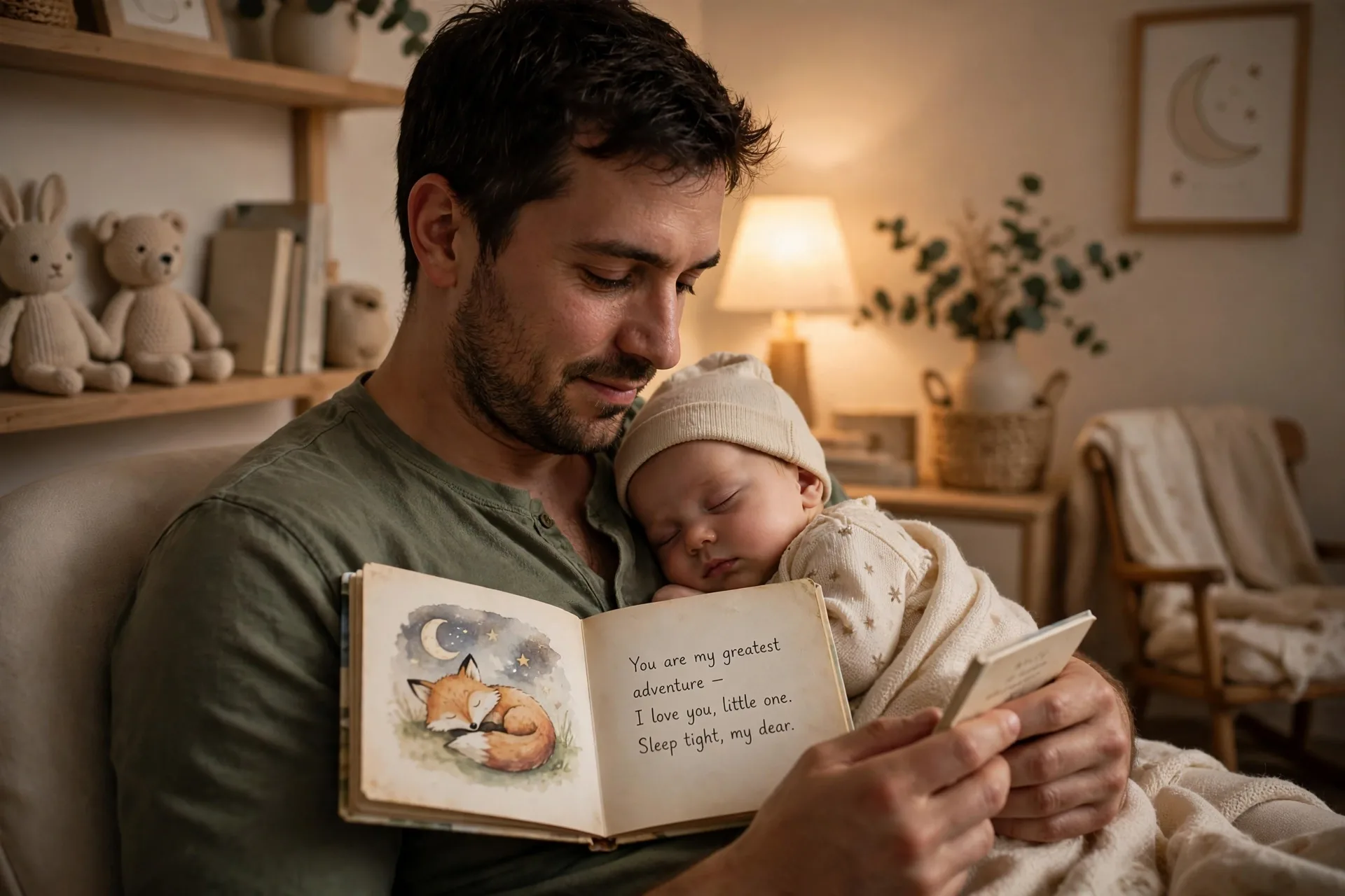 New dad holding a small sentimental picture book open with a baby asleep on his chest in soft nursery light
