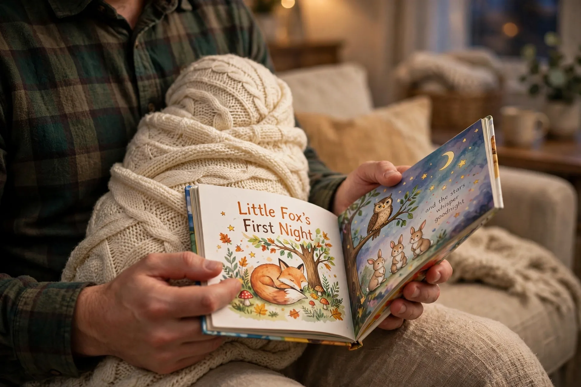 A father's hands reading an open picture book to a swaddled newborn on a couch