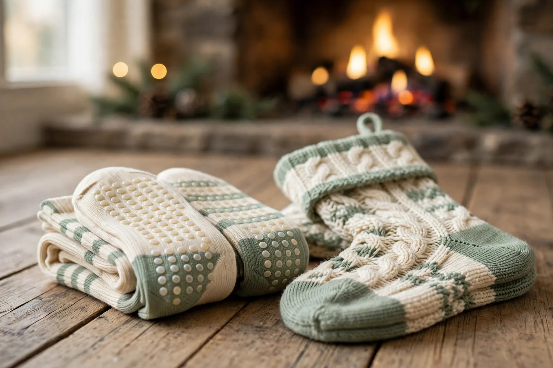 Cozy non-slip grip socks with silicone grips folded beside a Christmas stocking