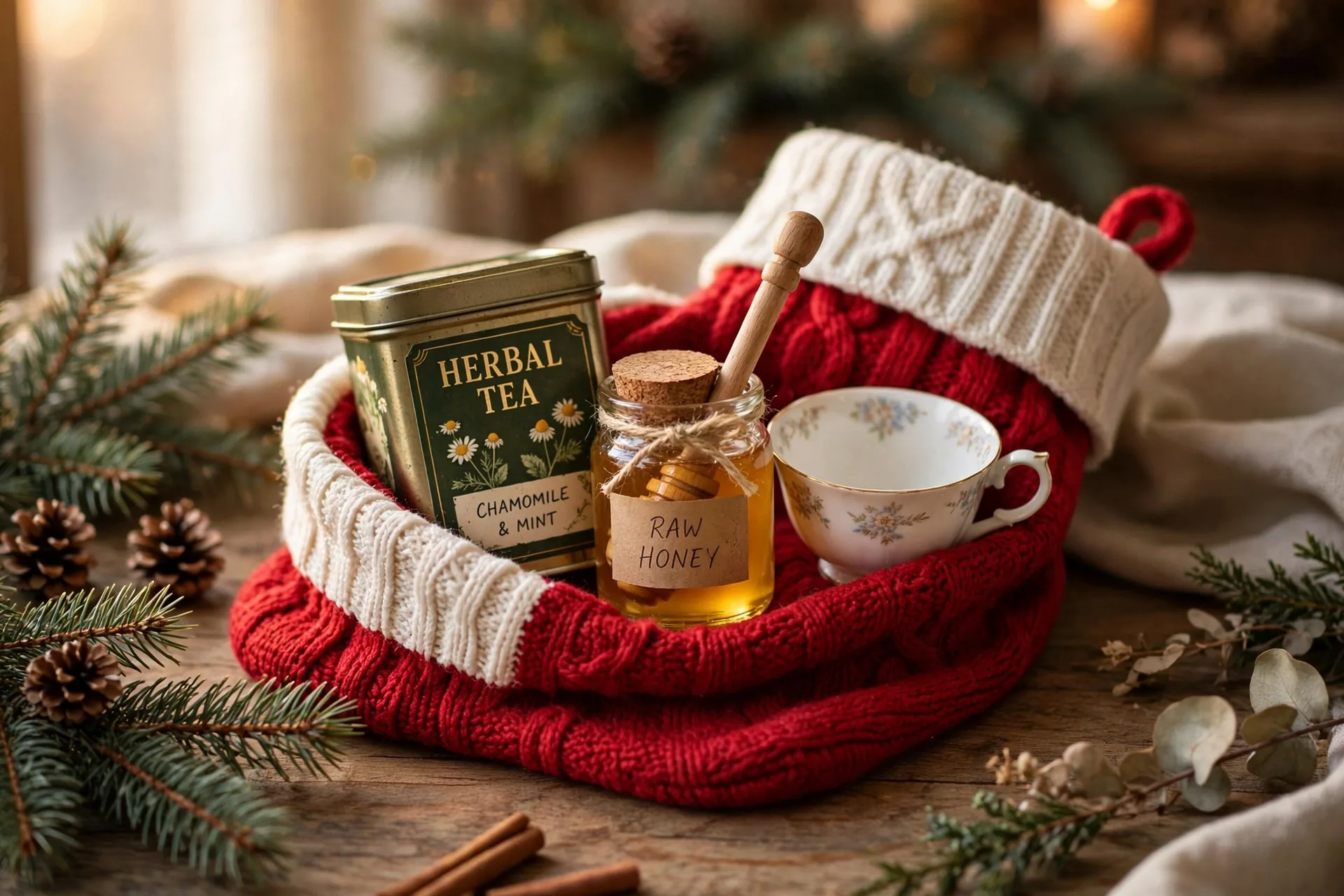 Tea and honey gift set with a teacup arranged inside an open Christmas stocking