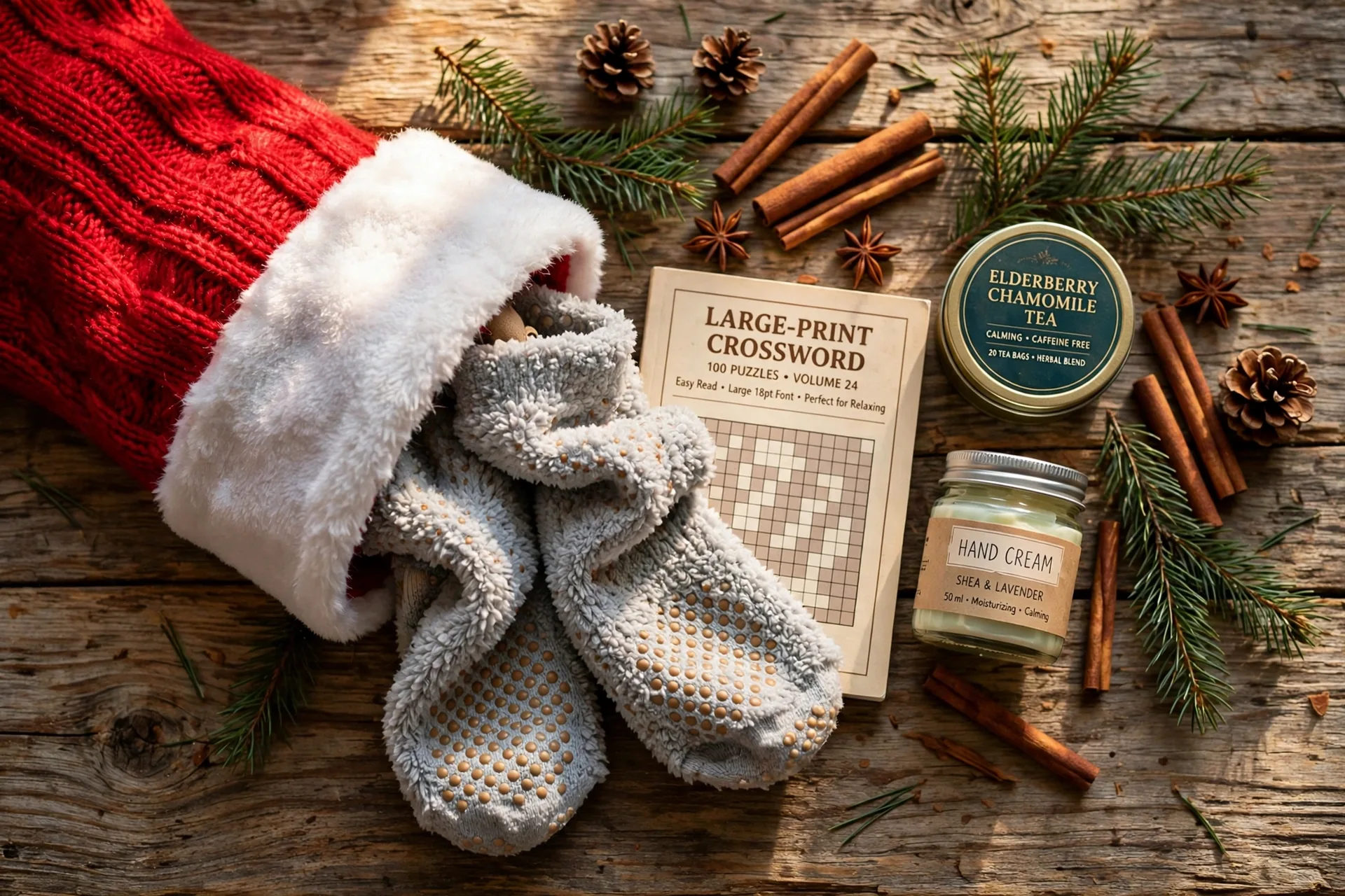 Overflowing Christmas stocking for a grandparent with a puzzle book, framed family photo and cozy gifts