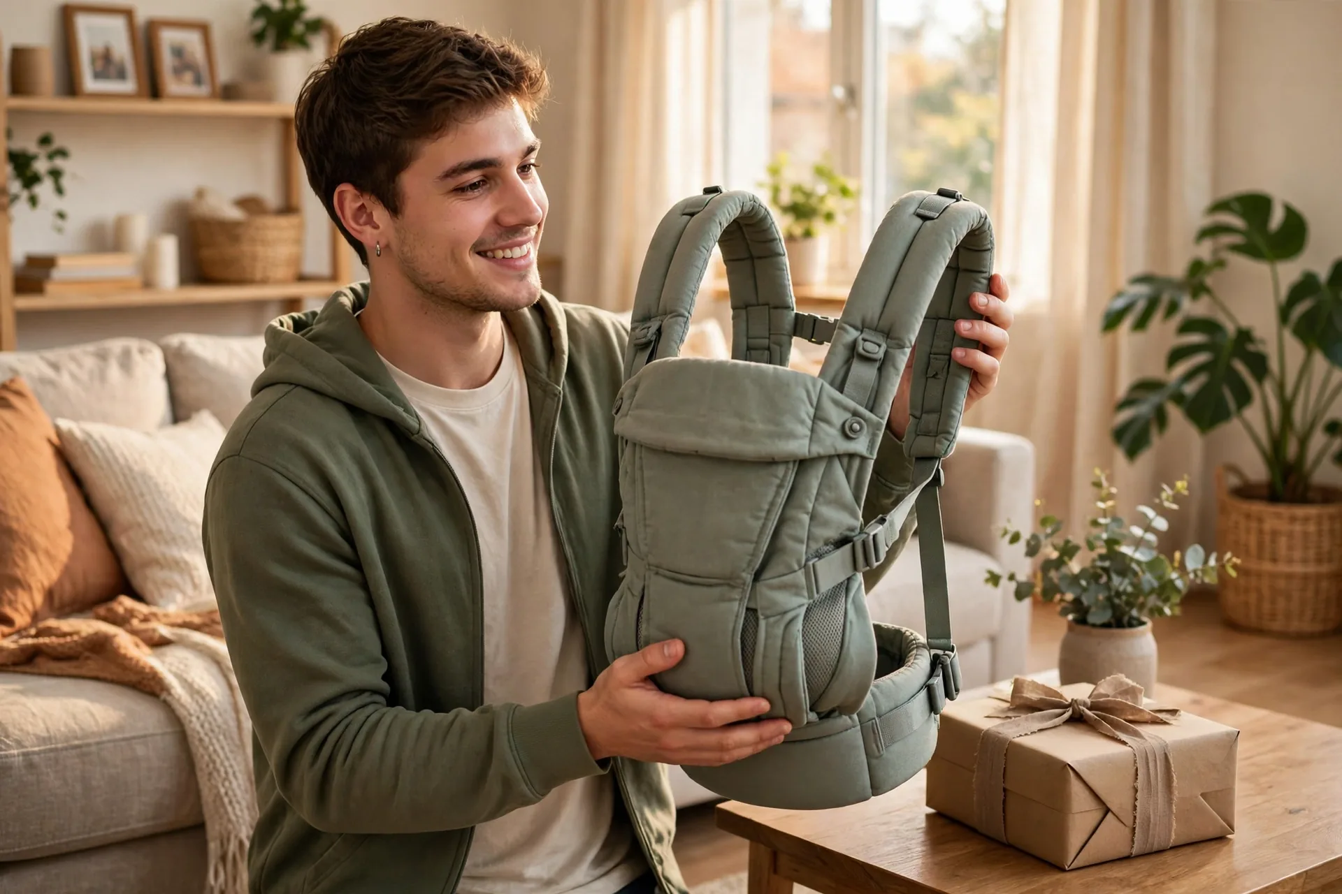 Expectant dad holding a soft baby carrier as a gift beside a wrapped box