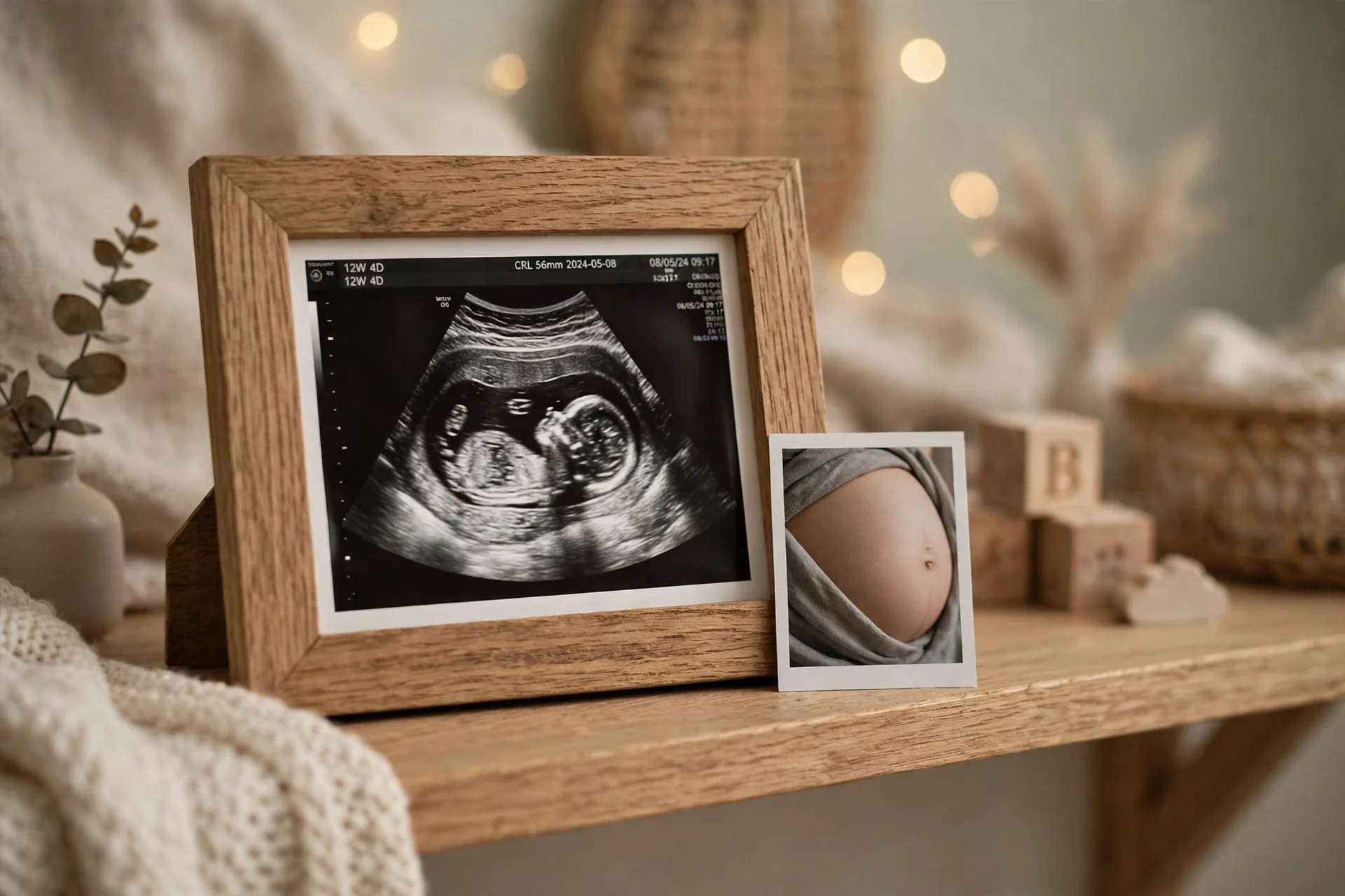 Wooden photo frame holding an ultrasound photo and bump photos on a nursery shelf
