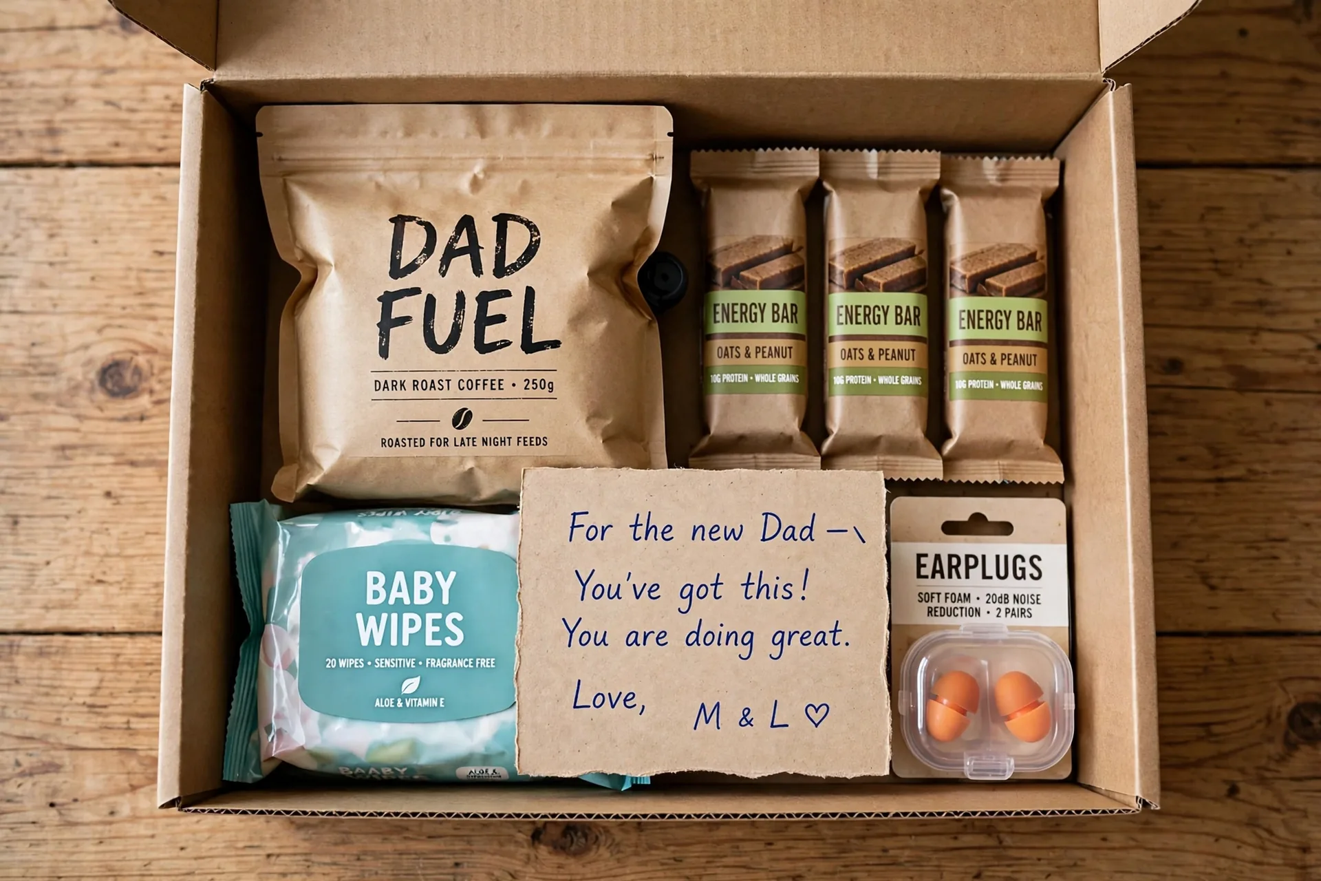 Flat lay of a homemade dad survival kit with coffee, snacks, earplugs, and a card