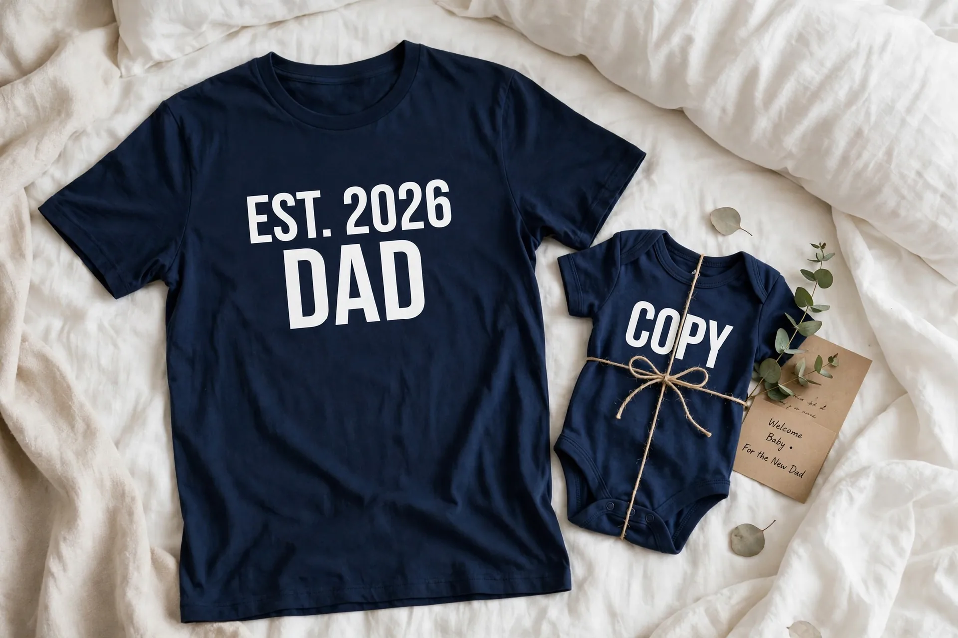 Matching dad and baby t-shirts printed EST 2026 DAD and COPY laid flat