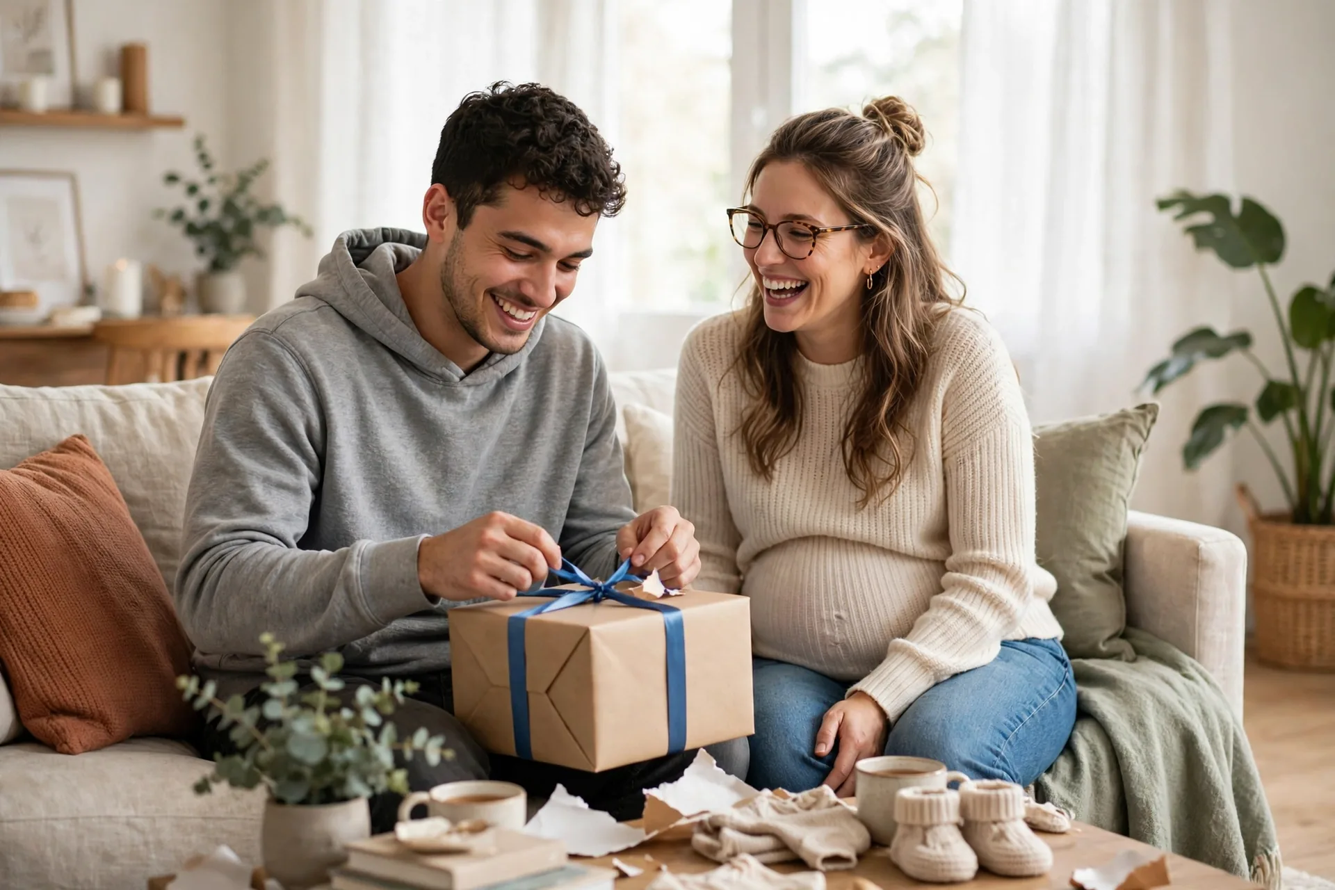 Expectant dad unwrapping a gift beside his pregnant partner in a bright living room