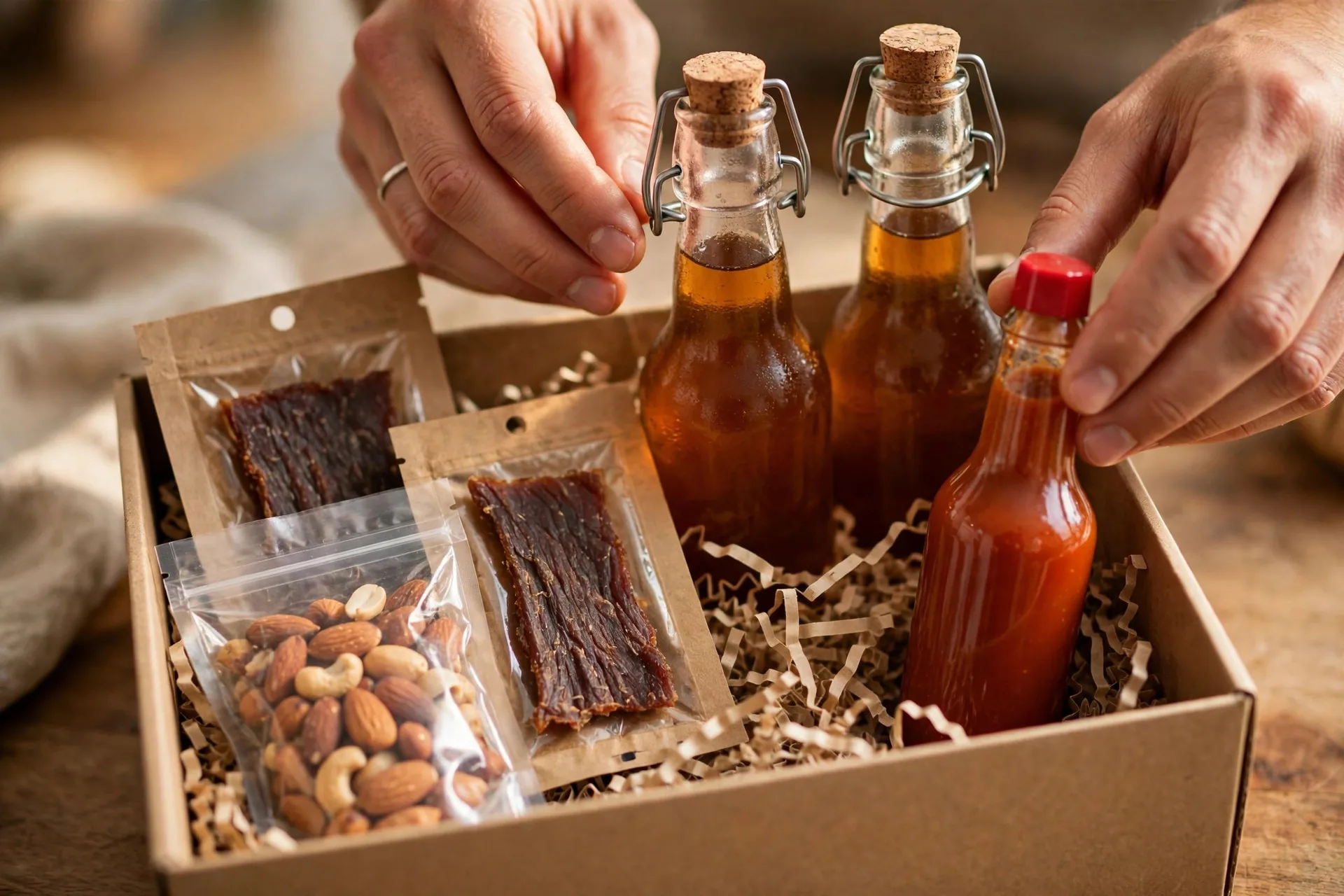 Hands assembling a gift box for dad with jerky, nuts, craft soda, and hot sauce