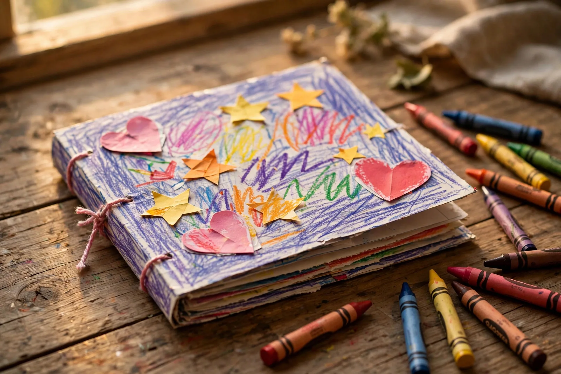 A child's handmade coupon book for dad with crayon lettering and paper stars