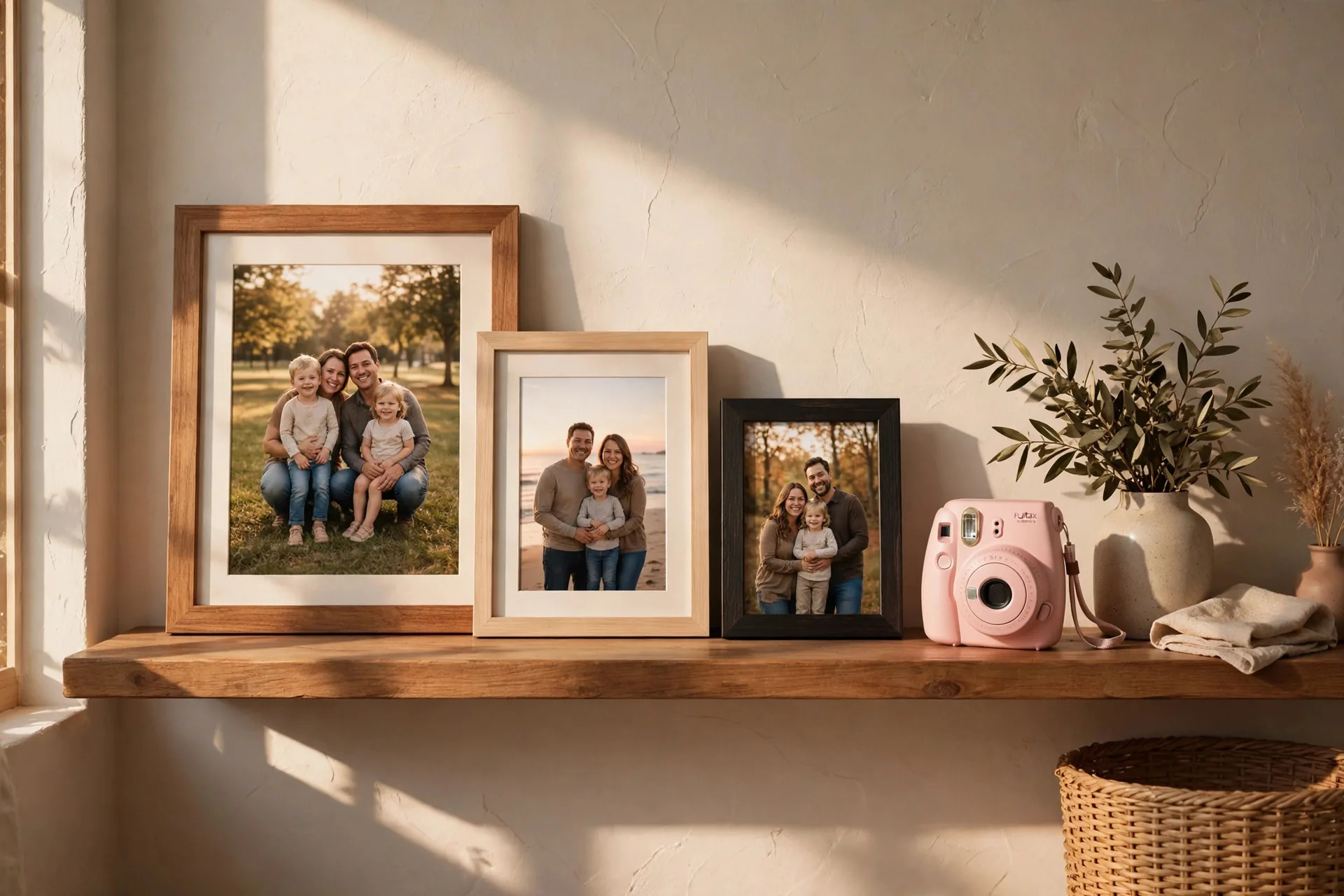 Framed family photo prints of different sizes on a wooden shelf next to a small instant camera