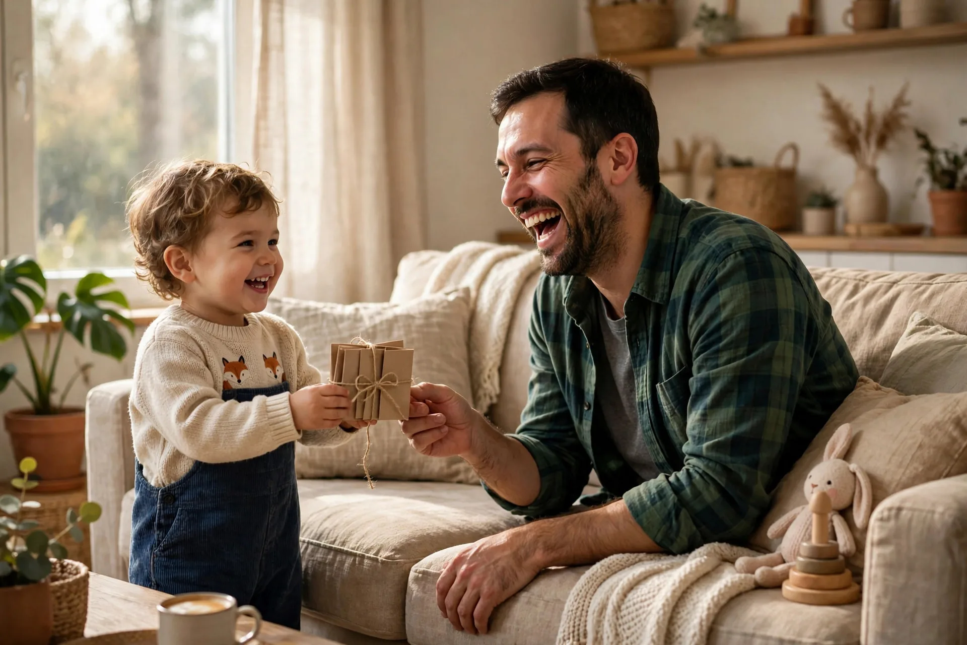 A dad laughing as a toddler hands him a handmade coupon booklet tied with string