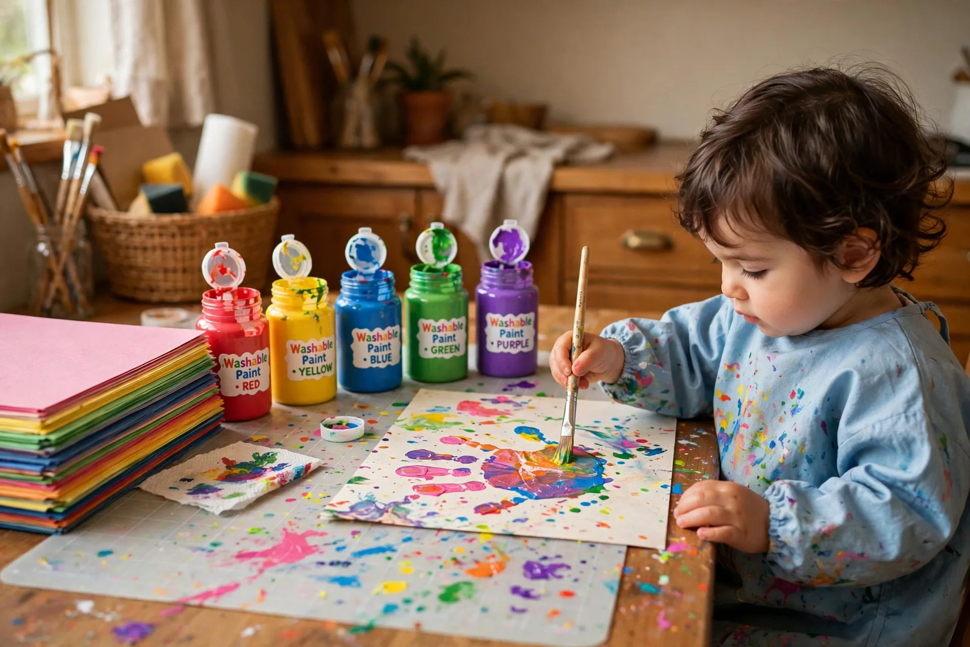 A toddler in a smock making a colorful handprint painting with washable paints at a wooden table