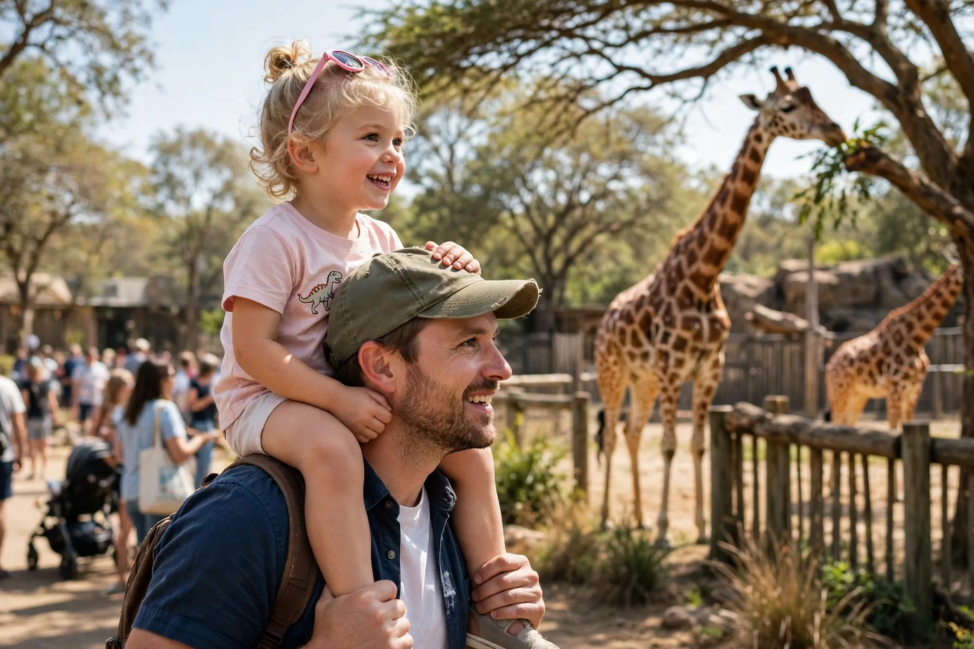 A toddler riding on a parent's shoulders at the zoo, both watching giraffes on a sunny family outing