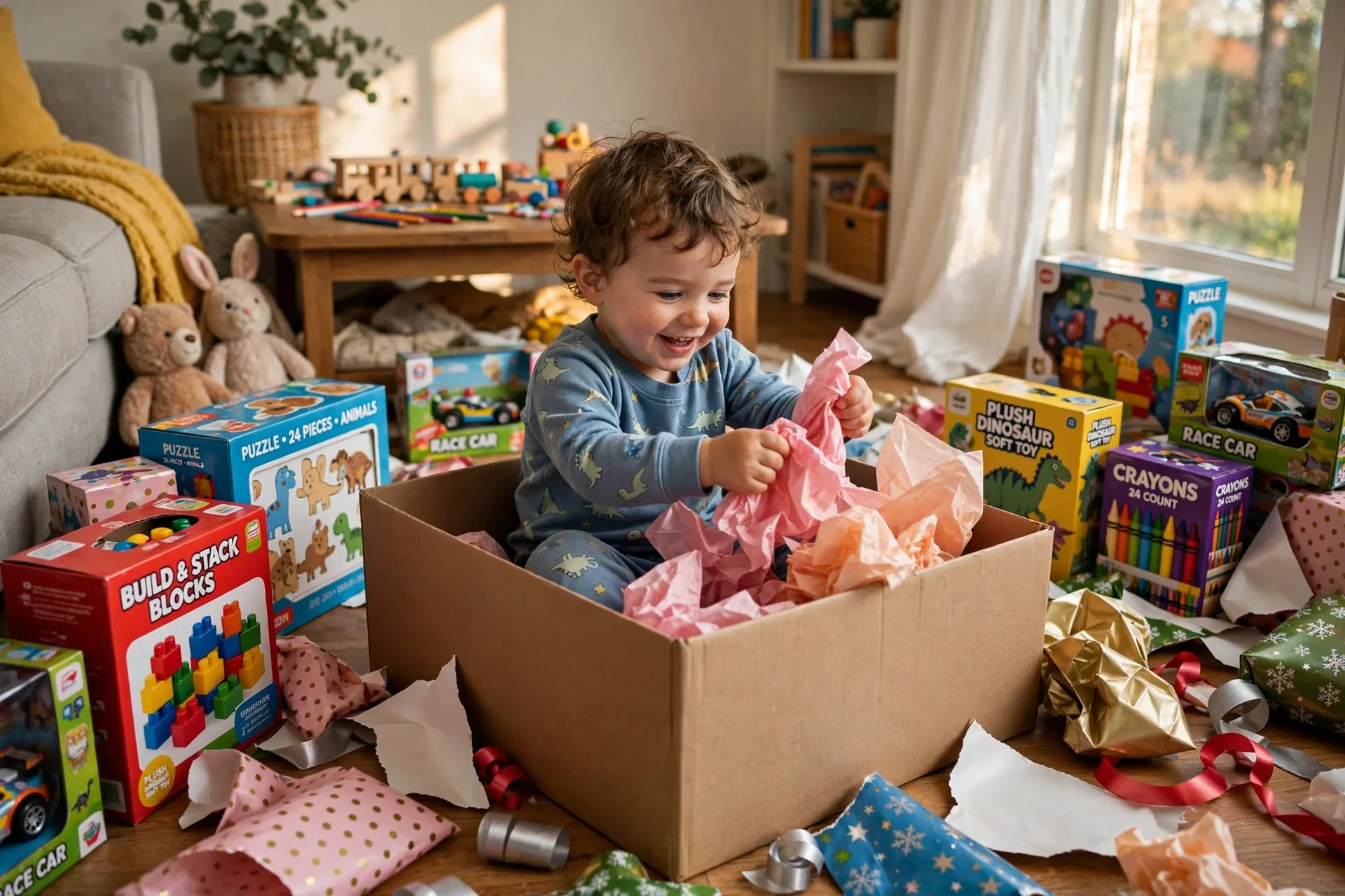 A two-year-old toddler in pajamas playing happily inside a cardboard box, surrounded by unopened toy gifts