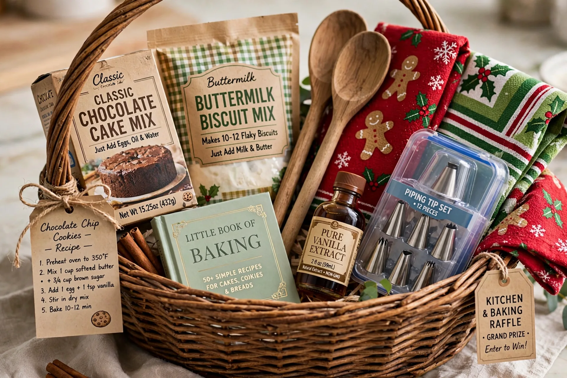 A kitchen and baking raffle gift basket with baking mixes, wooden spoons, dish towels and a cookbook