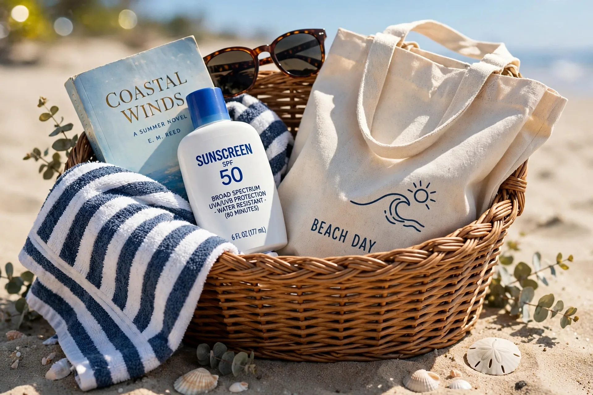 A beach day raffle gift basket with a striped towel, sunscreen, tote bag and sunglasses
